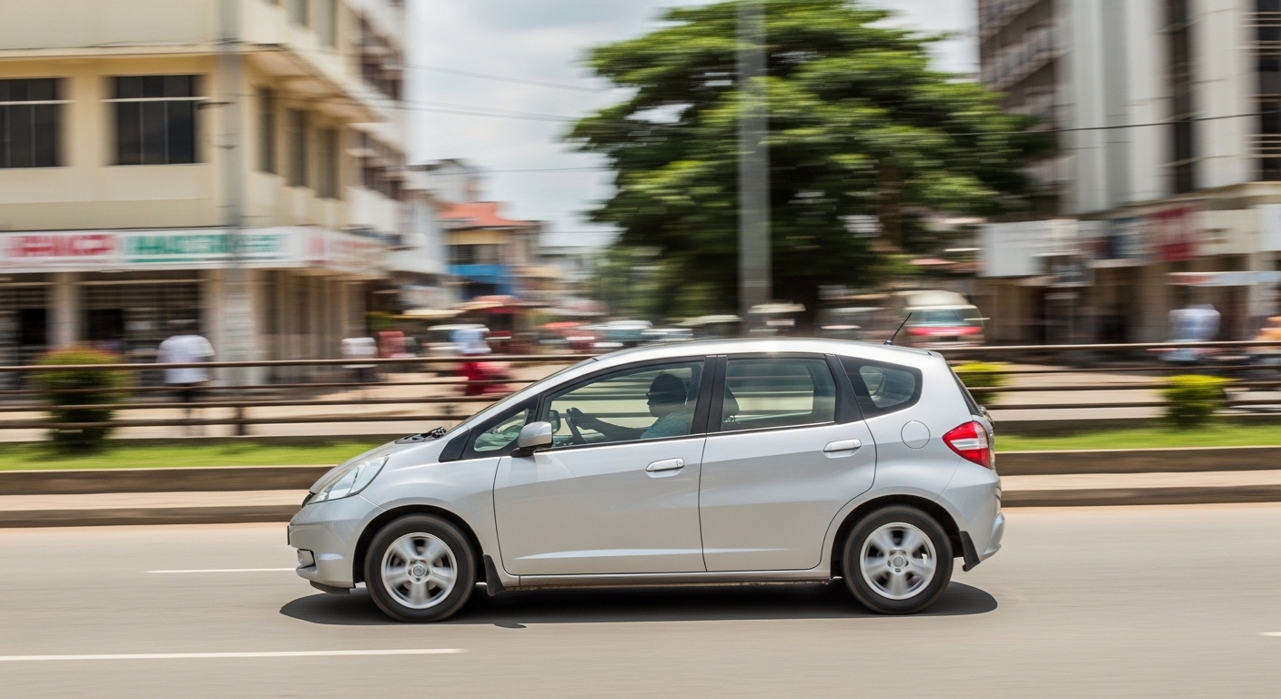 Silver Honda Fit hatchback driving through a Dar es Salaam city street at midday