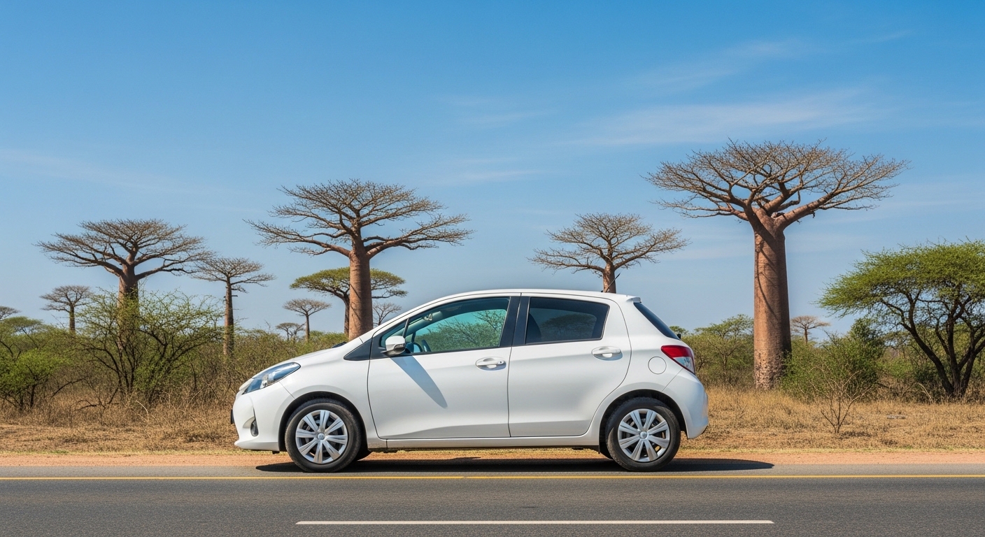 White Toyota Vitz compact hatchback parked beside an open Tanzanian road with baobab trees