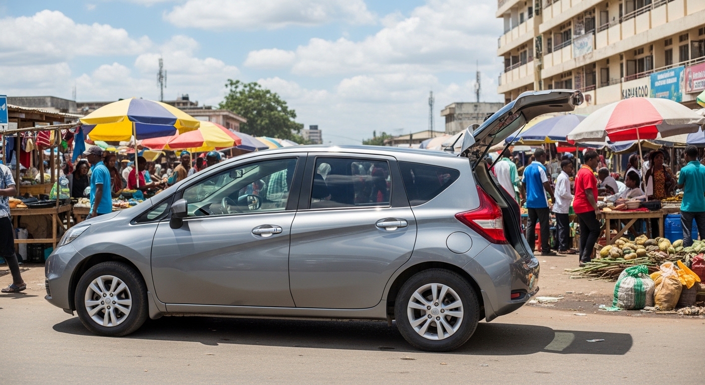 Grey Nissan Note hatchback with its boot open at a busy Kariakoo market in Dar es Salaam