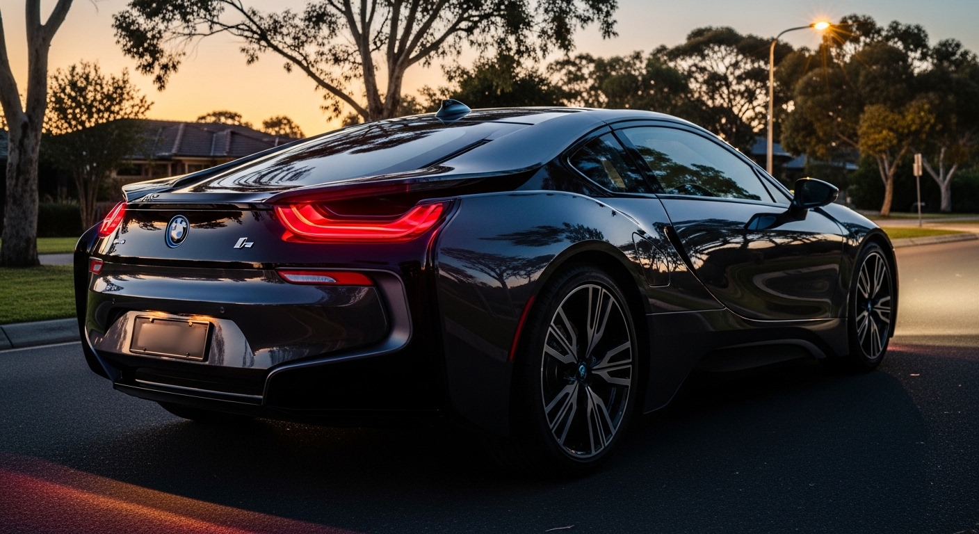 Black BMW i8 parked at dusk on a suburban street, shown from the rear three-quarter angle