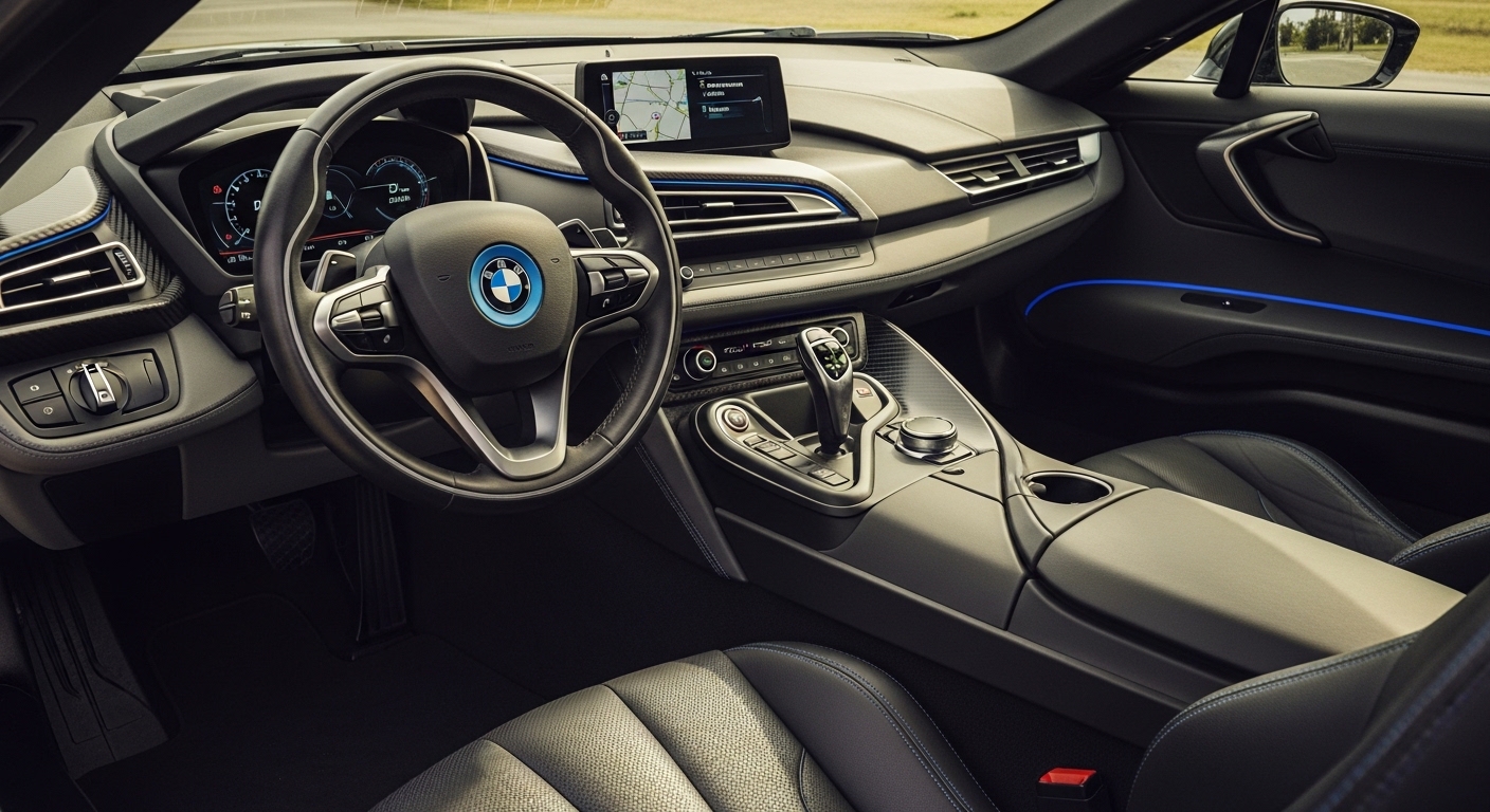 BMW i8 interior with steering wheel, digital gauges, center console, and black leather front seats