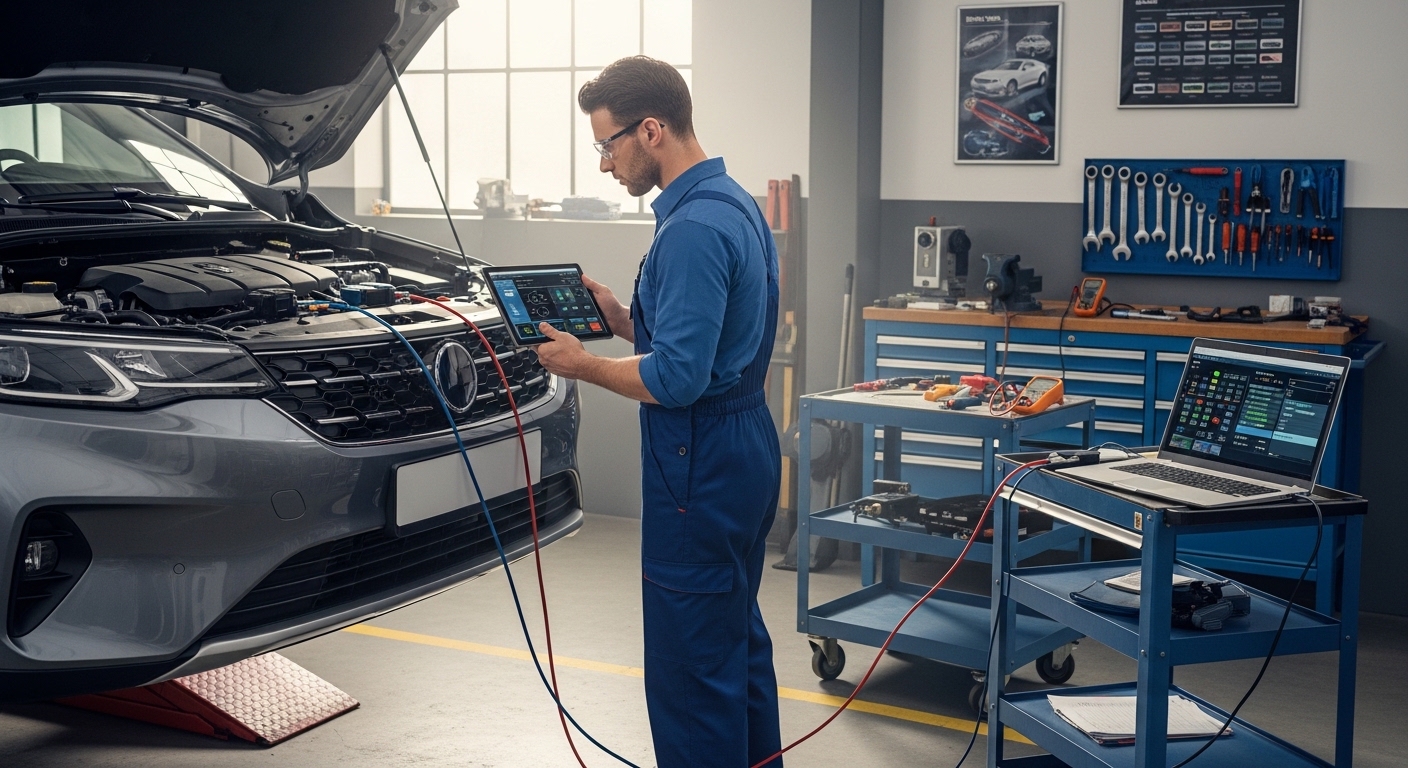 Mechanic checking Toyota Aqua service parts before maintenance.