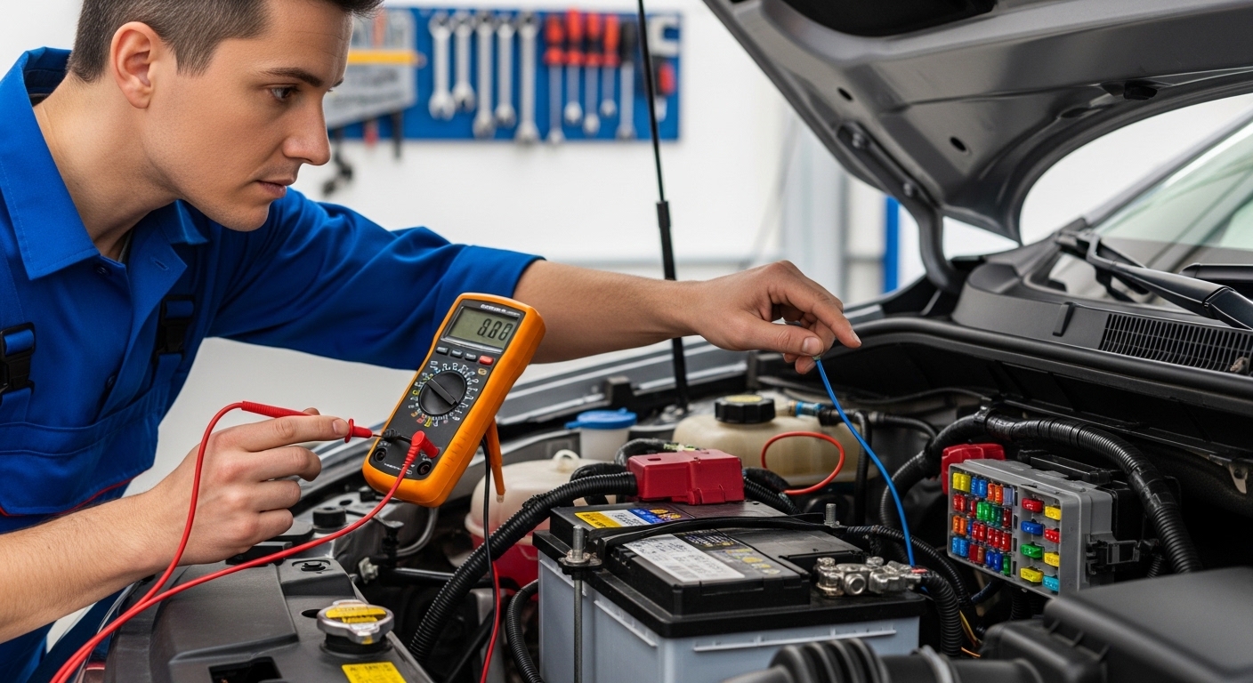 Mechanic in blue coveralls testing a car battery with a multimeter under an open hood