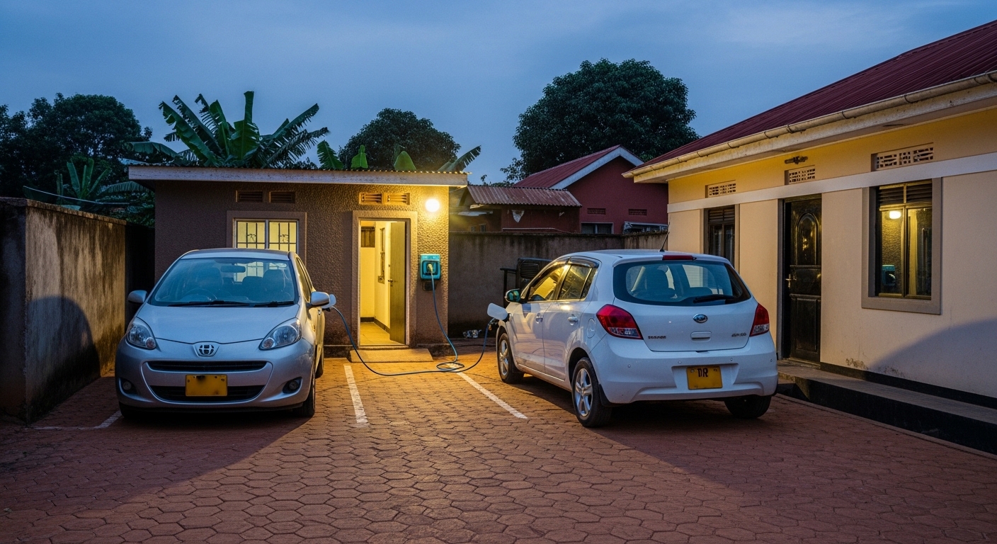 Two small cars in a paved home compound at dusk, with one hatchback plugged into a wall charger by a lit doorway.
