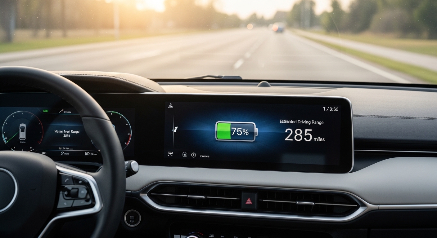 Car dashboard screen showing battery charge and estimated driving range