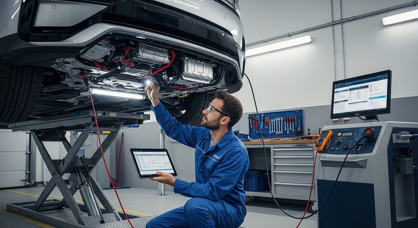 Technician in blue coveralls inspects the underside of an electric car on a lift with a tablet