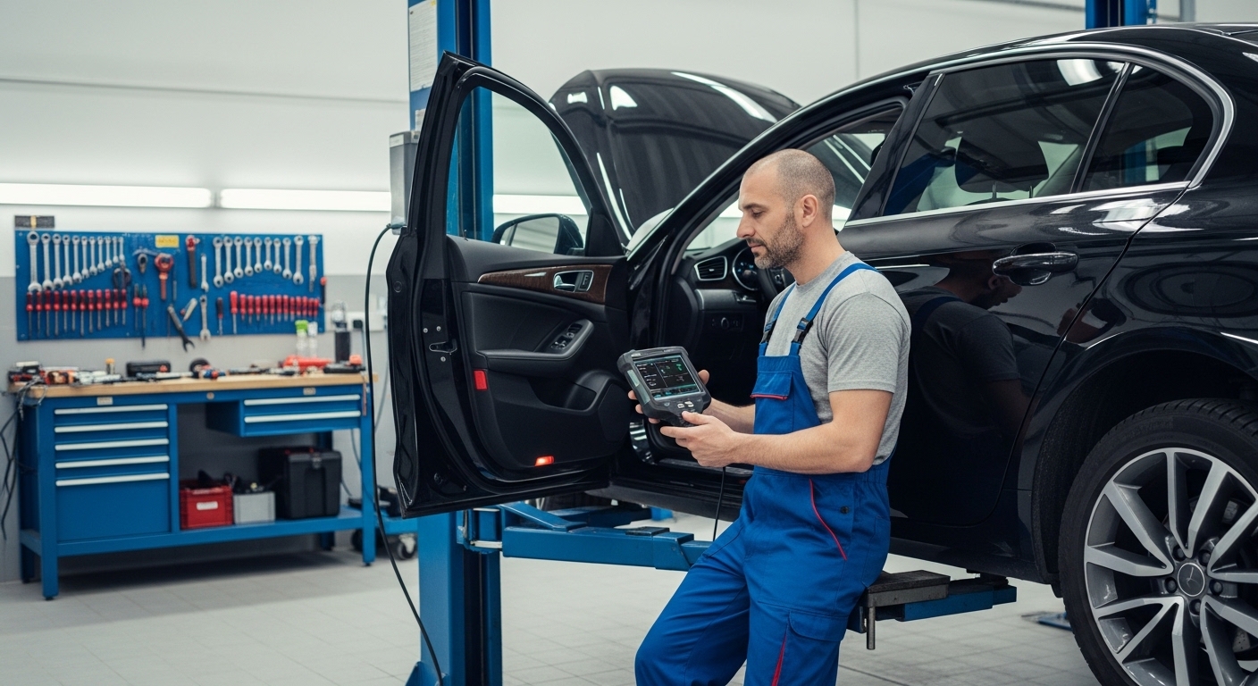 Mechanic in blue overalls holding a diagnostic scanner beside a black car in a workshop
