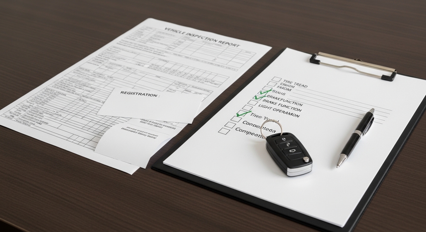 Vehicle inspection report, checklist on a clipboard, car key fob, and pen on a wooden desk
