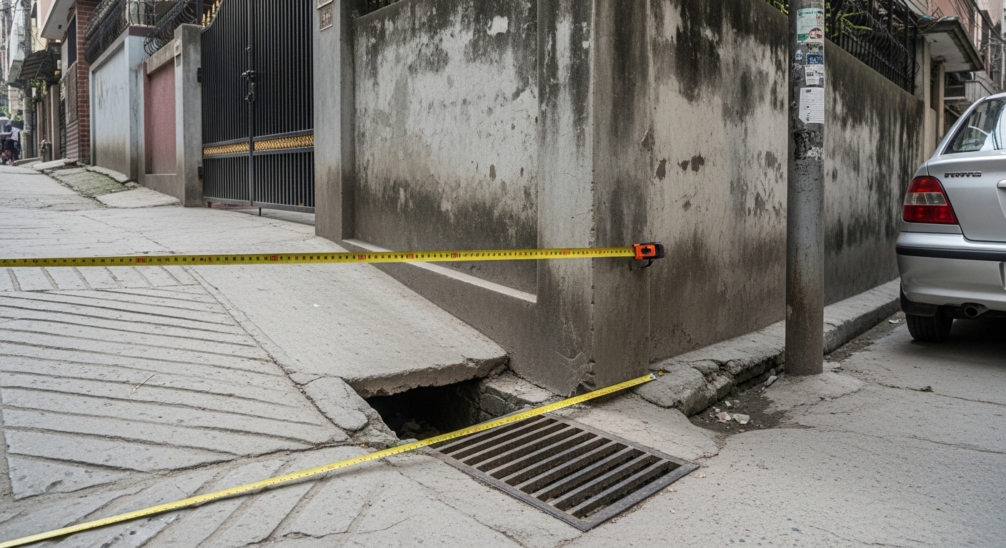 Measuring tapes span a steep driveway by a metal gate and open roadside drain at a tight corner.