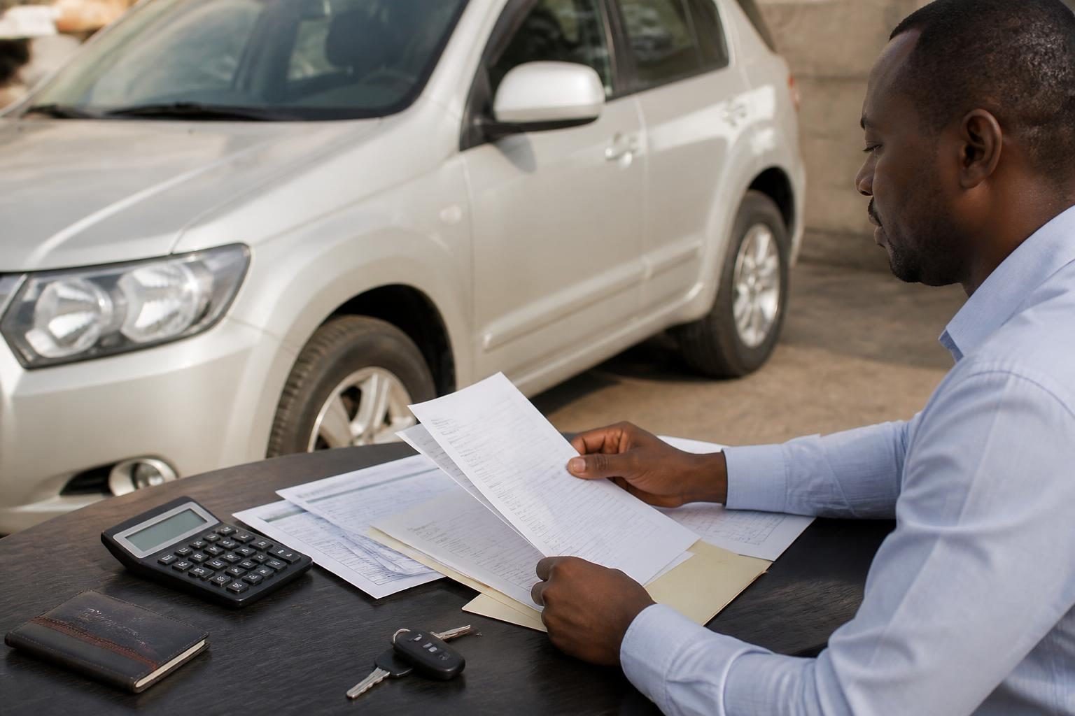 Man reviewing paperwork beside a white SUV, with calculator, keys and wallet on desk.