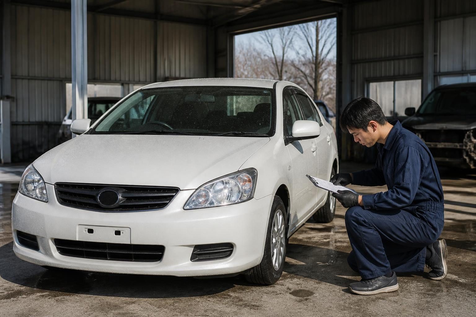 Technician with clipboard inspects a white sedan in a covered vehicle workshop.