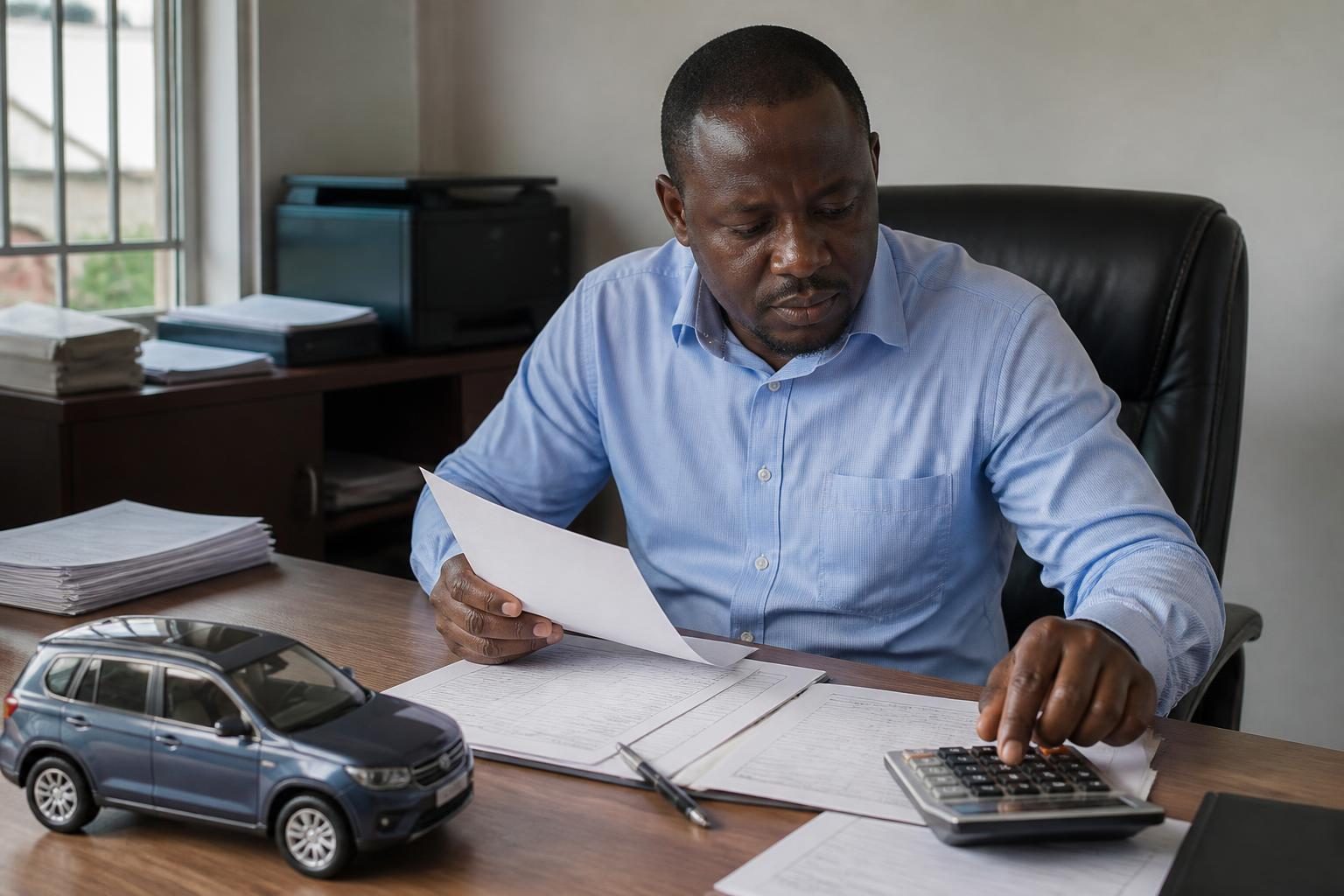 Man reviews documents and uses a calculator at an office desk beside a model SUV.