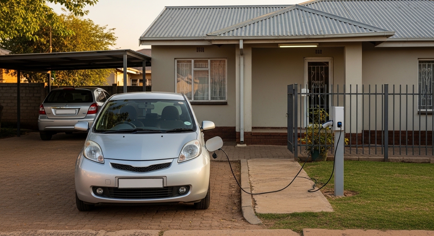 Small silver compact car charging outside a fenced suburban house in warm morning light