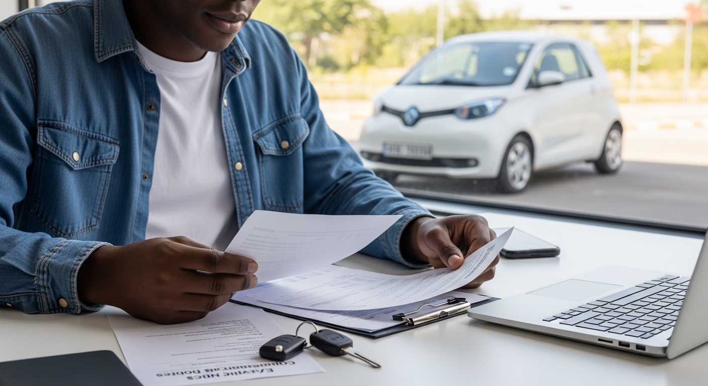 Person reviewing documents at a desk with car keys and a small white electric car outside the window