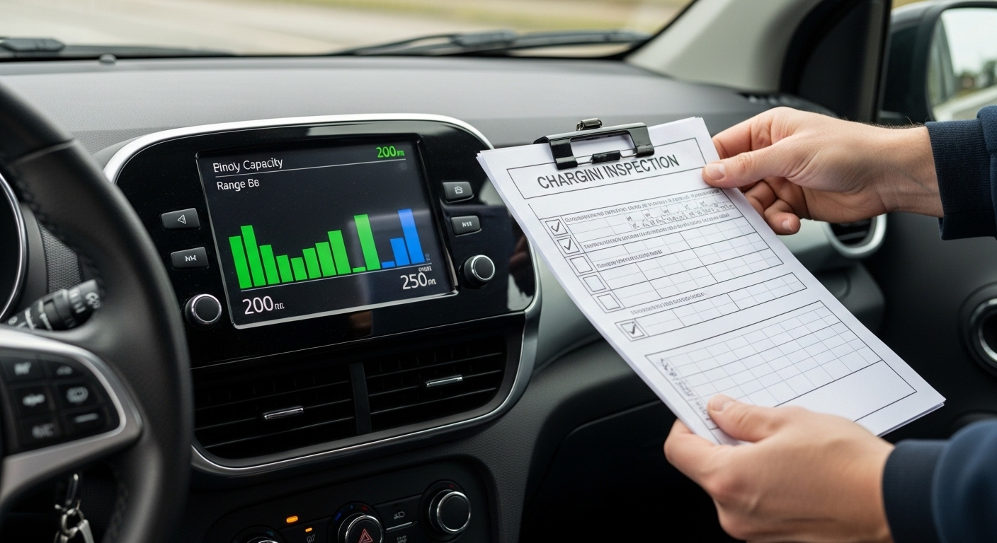 Car dashboard display with battery bars and range figures beside hands holding an inspection checklist