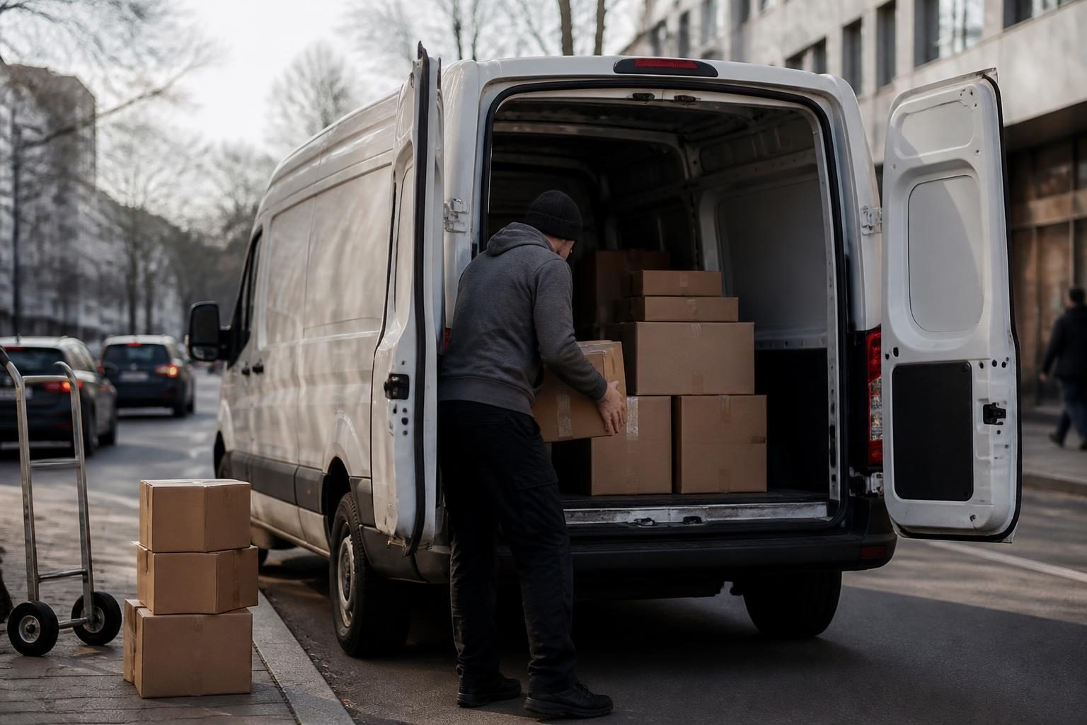 Person loading cardboard boxes into the back of a white delivery van parked on a city street