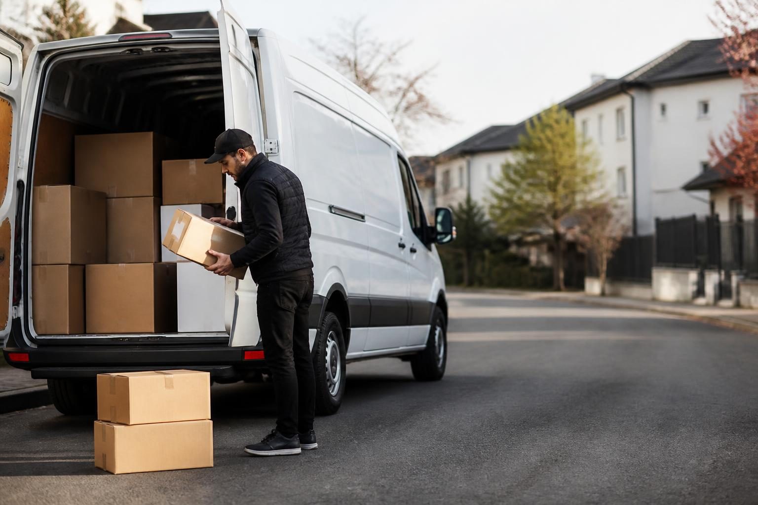 Delivery worker holding a box at the open back of a white van filled with parcels on a residential street
