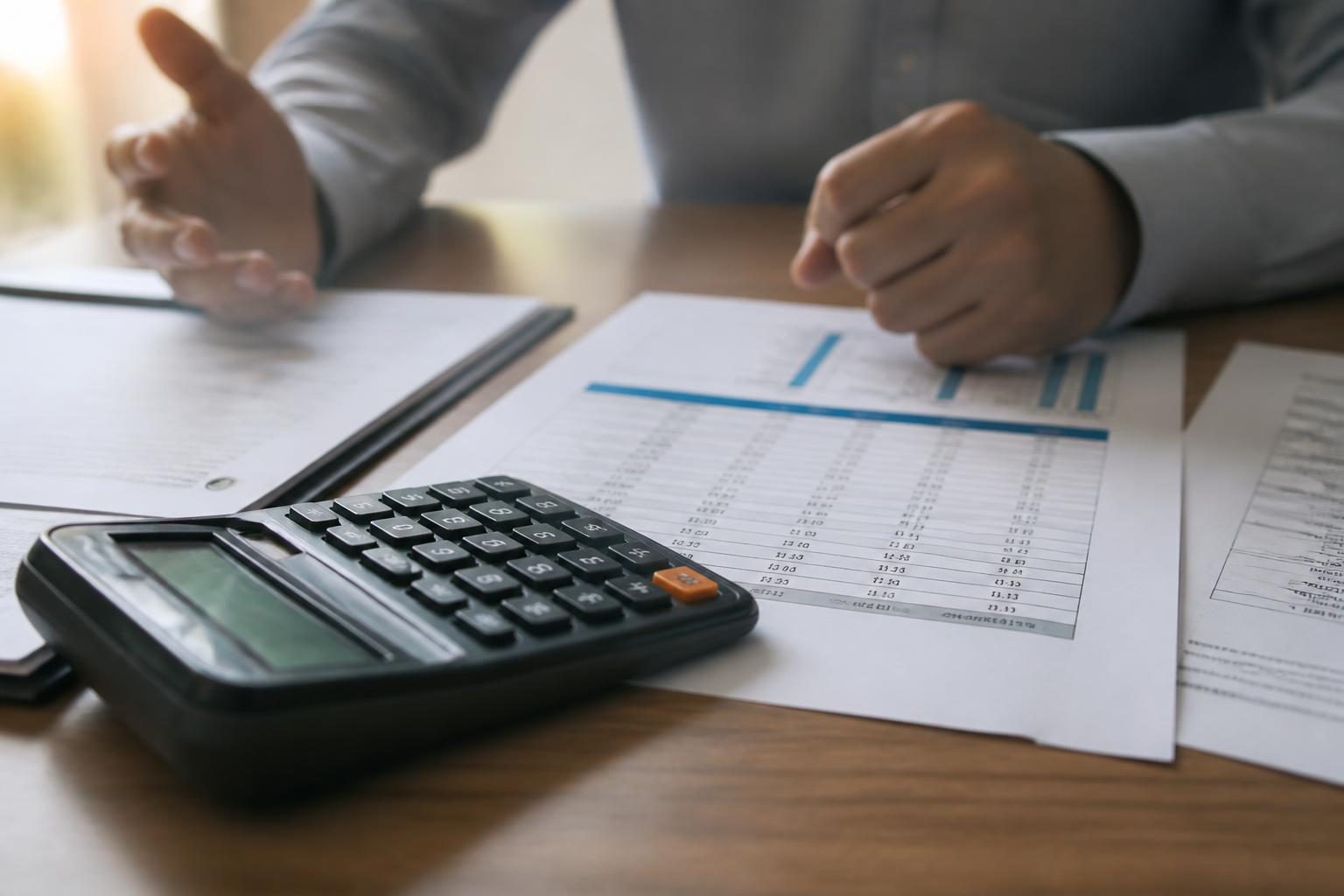 Calculator on printed tables and papers beside a person gesturing at a desk