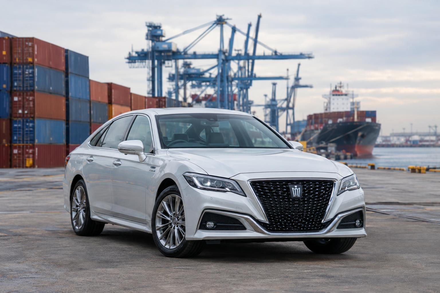 White Toyota Crown Hybrid S220 parked beside containers and cargo cranes at a shipping terminal.
