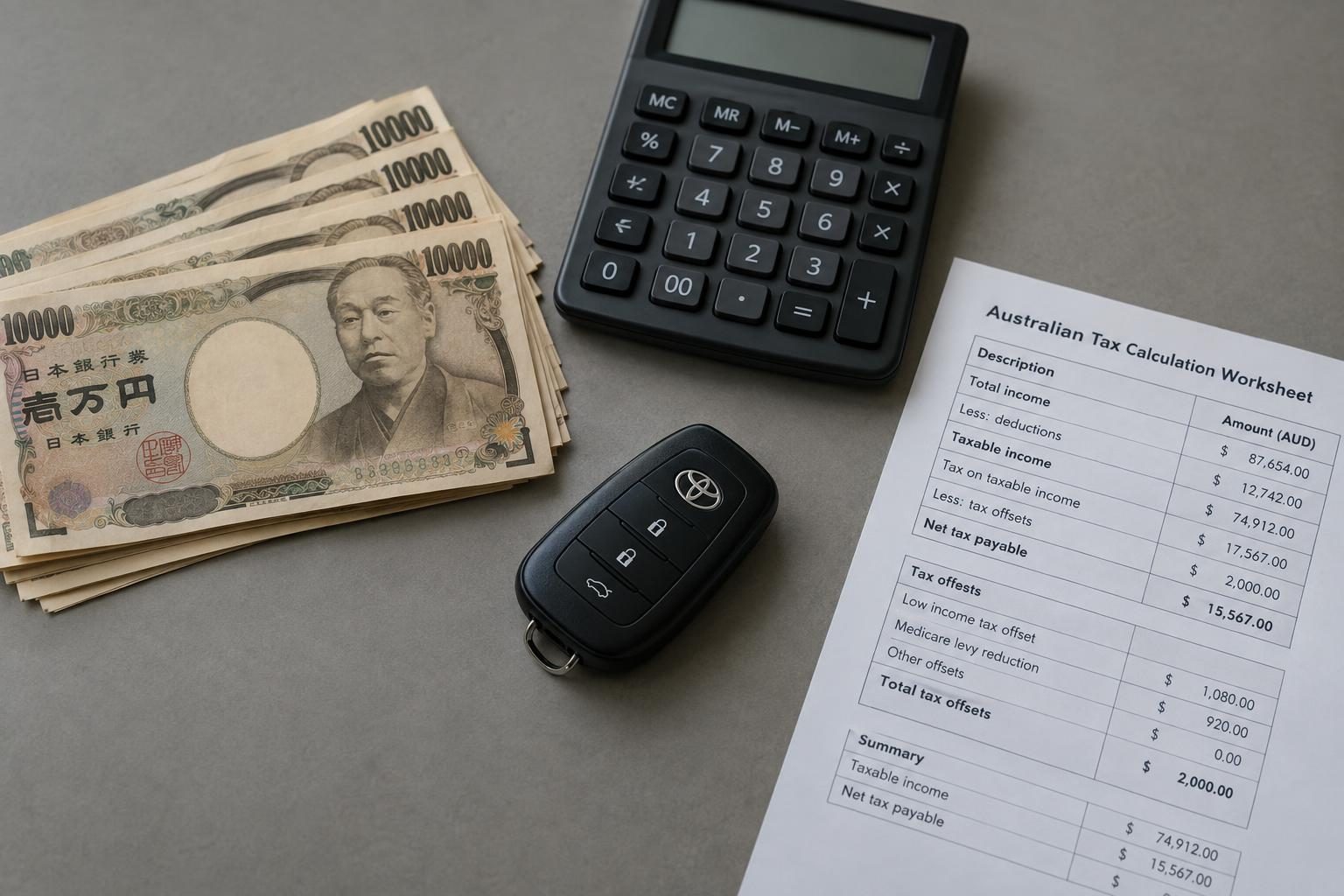 Japanese yen banknotes, a Toyota key, calculator and Australian tax calculation worksheet.