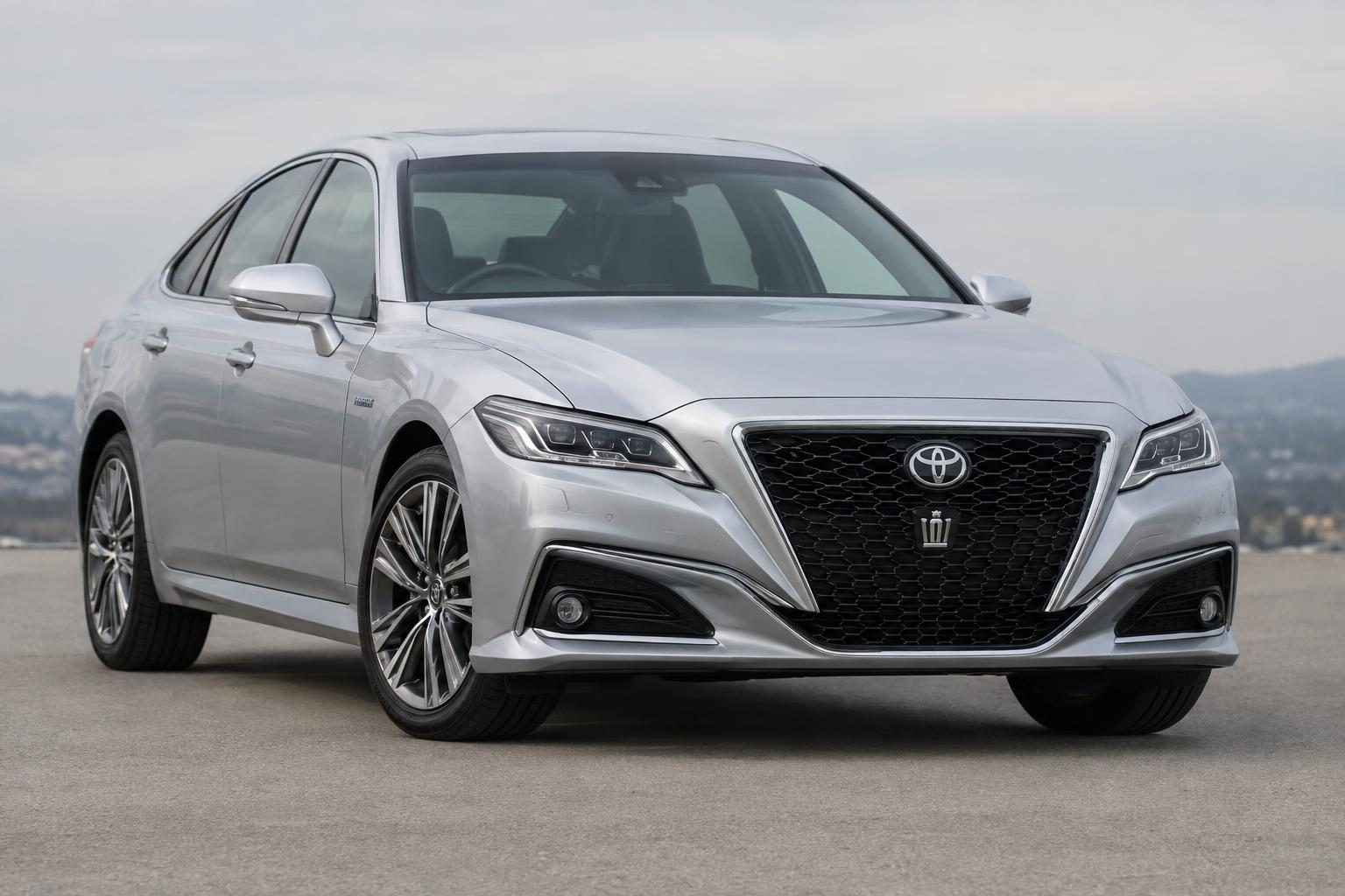 Silver Toyota Crown S220 sedan shown from the front three-quarter view in a studio.