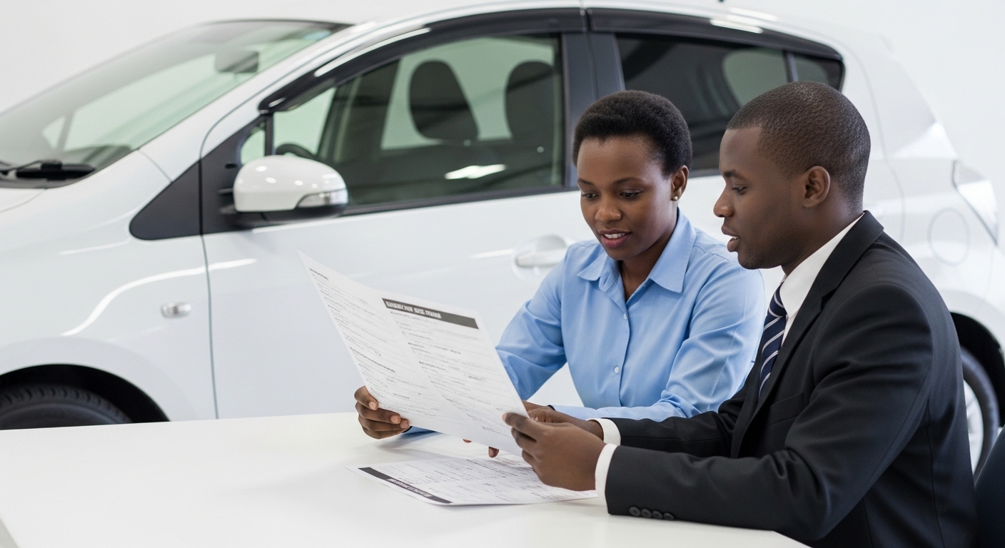 Two people review car paperwork at a white desk beside a compact white hatchback indoors.