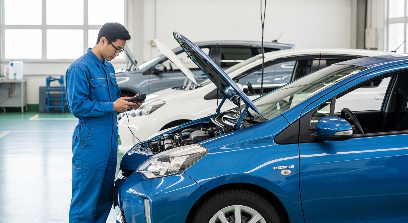 Technician in blue coveralls uses a diagnostic scanner beside a blue hatchback with its hood open in a workshop.