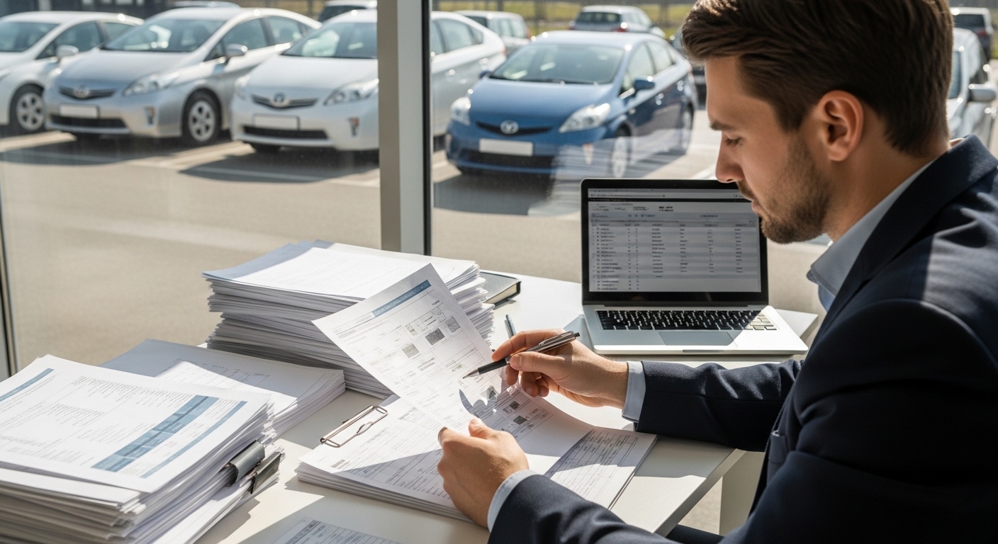 A man in a suit reviews paperwork at a desk with a laptop, with cars visible outside a window.