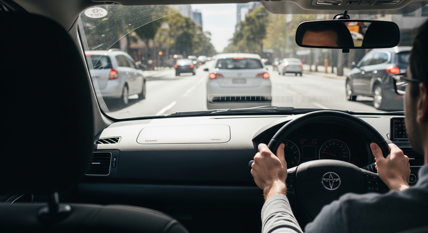 Driver's hands on a right-hand-drive steering wheel in traffic on a city street