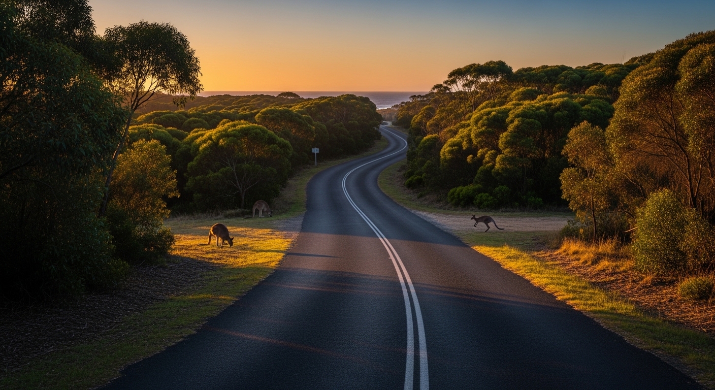 Winding two-lane road through coastal bush at sunset with kangaroos grazing beside it