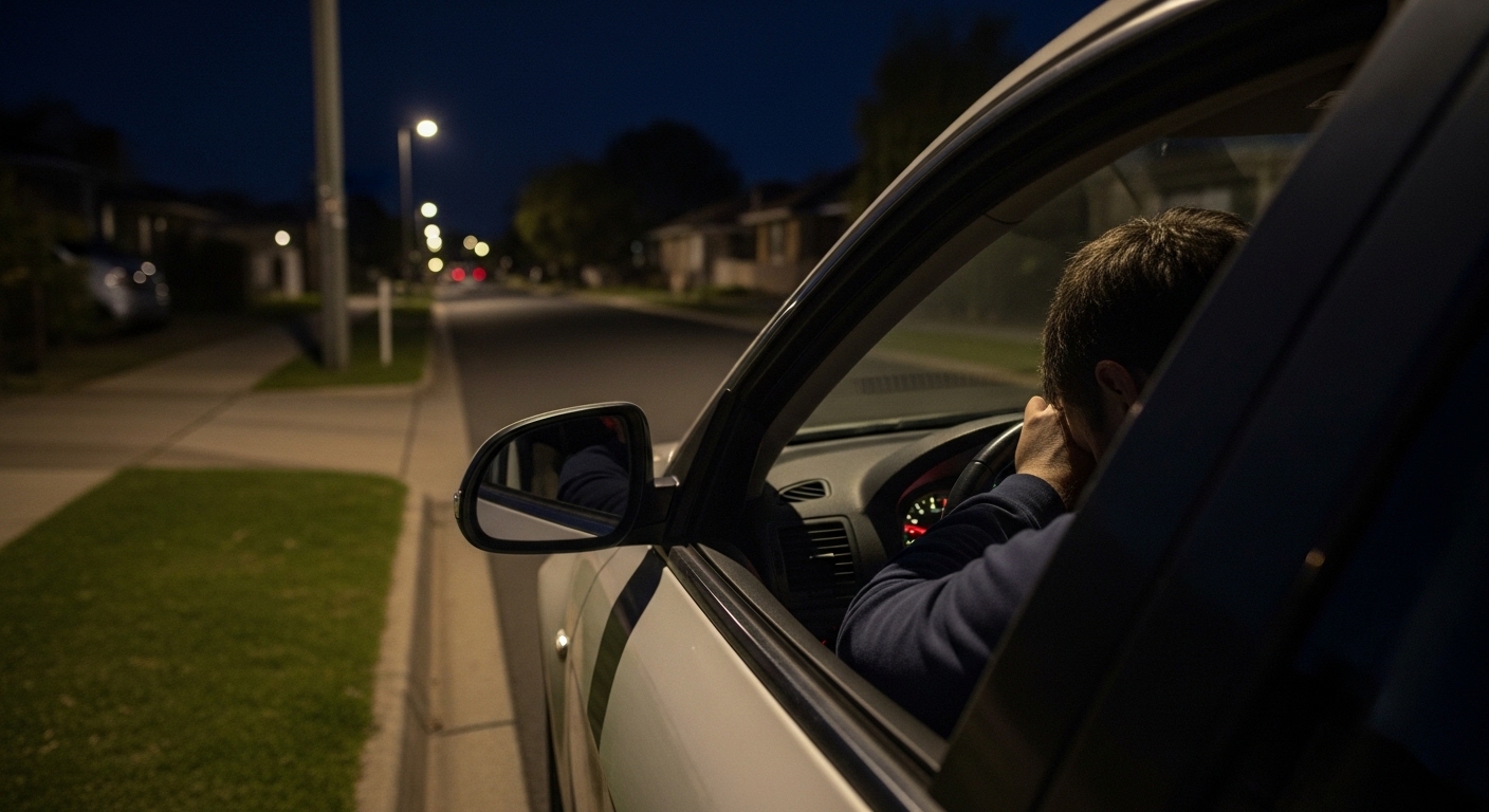Driver resting head near the steering wheel in a parked car on a quiet suburban street at night