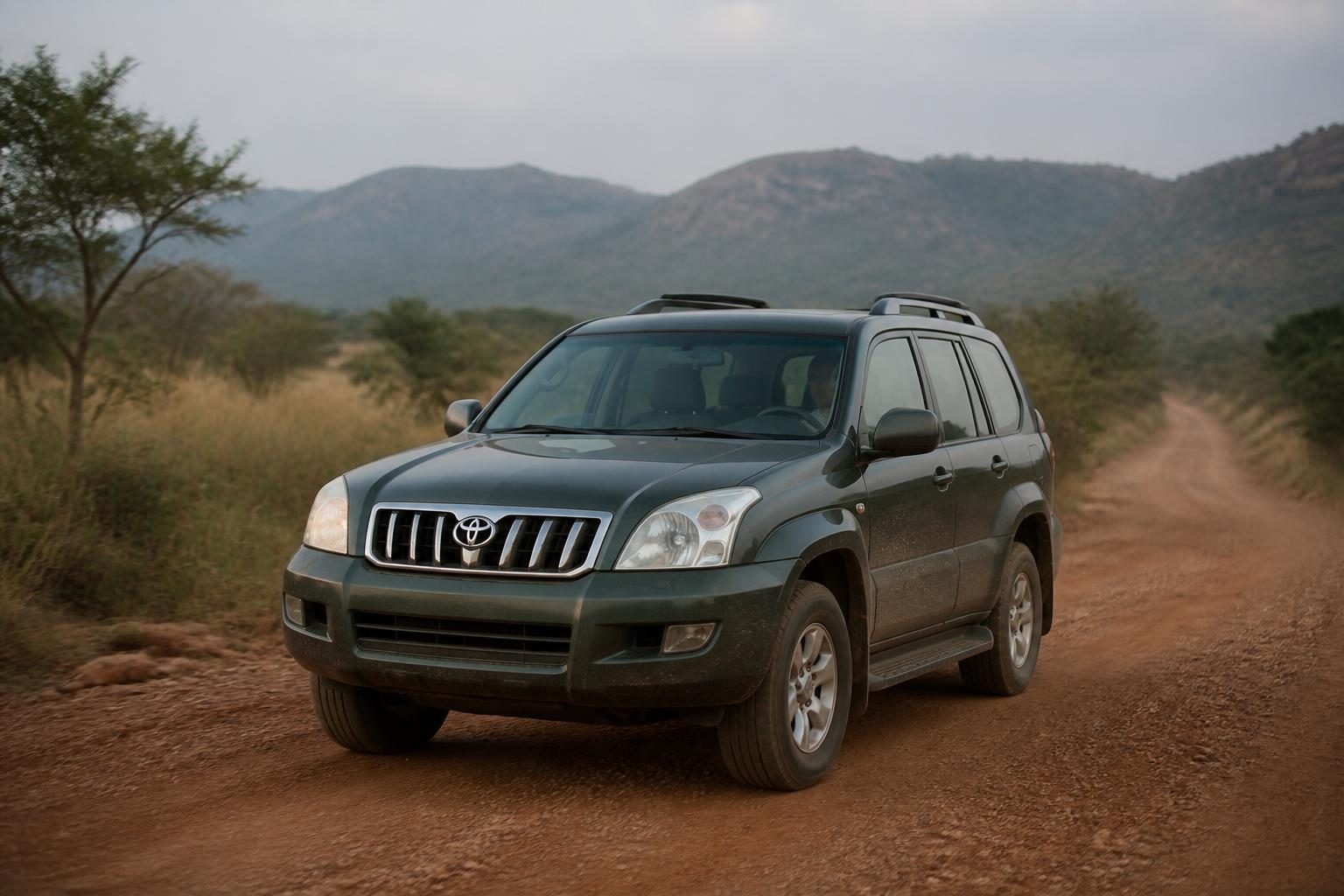 Toyota Land Cruiser Prado driving on a reddish dirt road with dry grass and green hills.