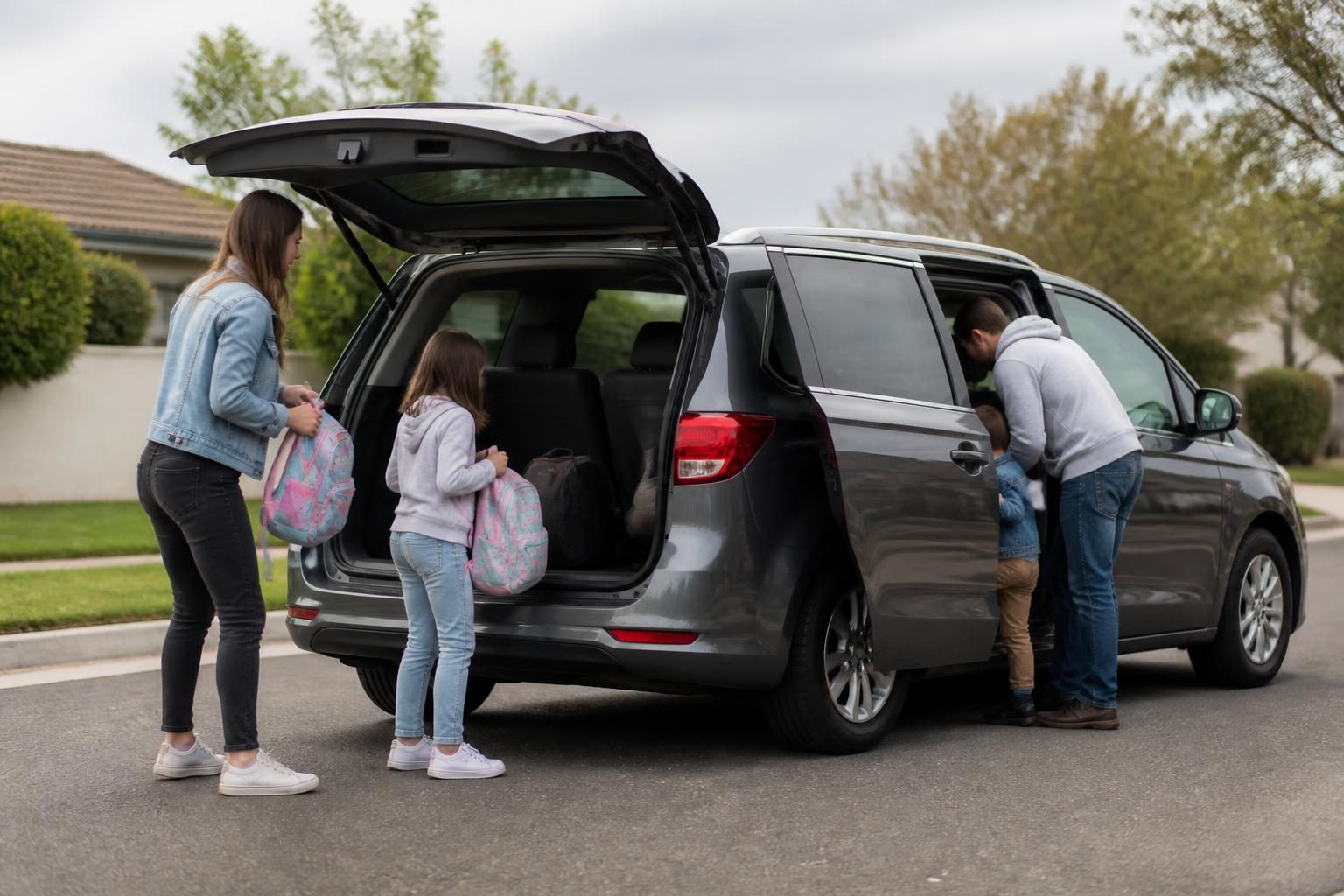 Adults and children load backpacks into a dark minivan with the rear hatch and side door open.