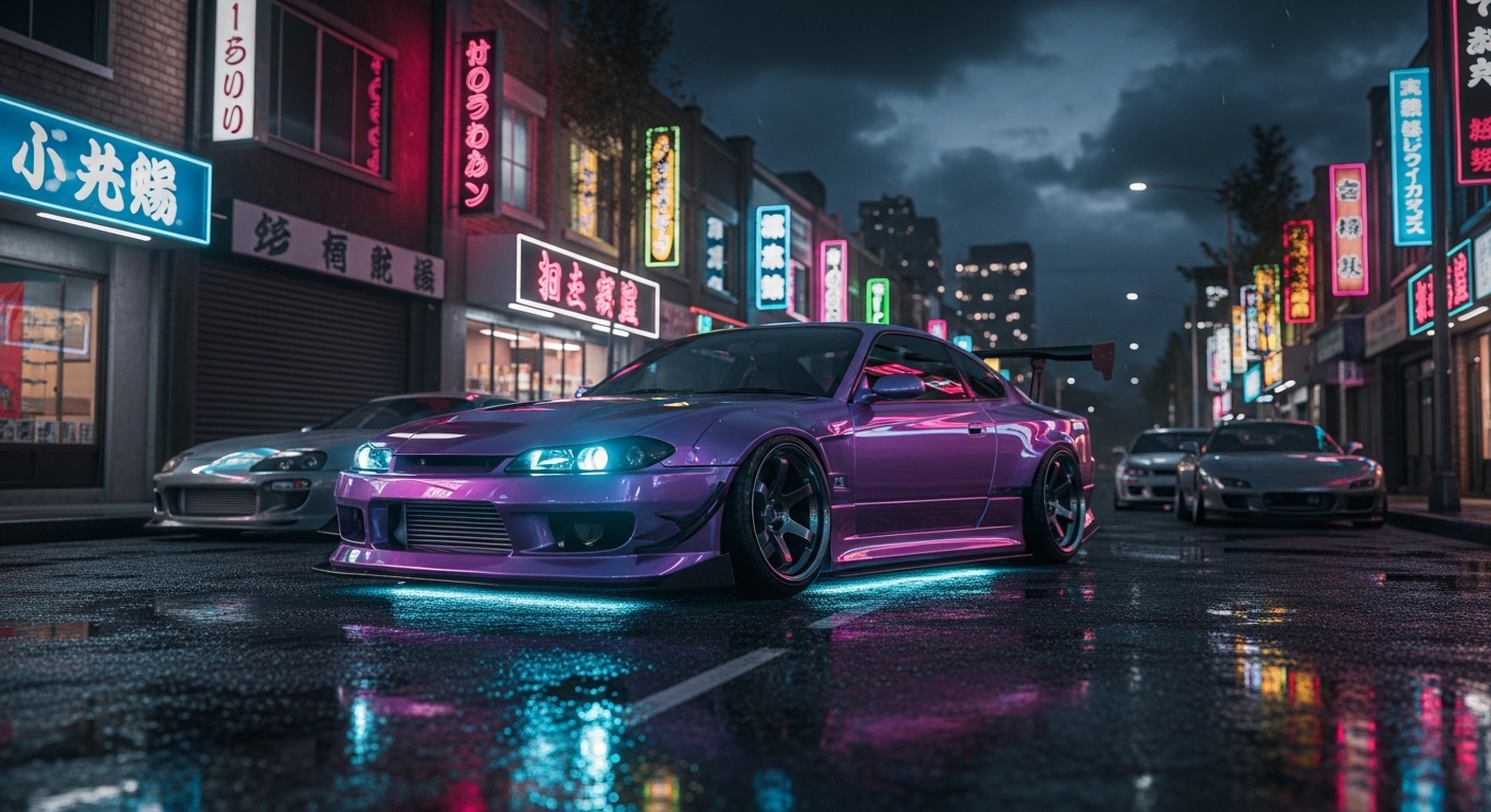 Purple modified coupe with underglow parked on a wet neon-lit city street at night