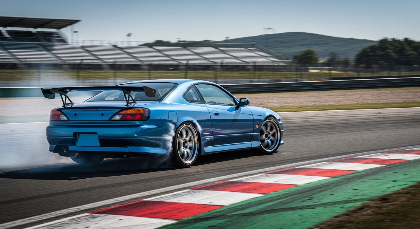 Blue Nissan Silvia S15 drifting on a racetrack with tire smoke and a large rear wing