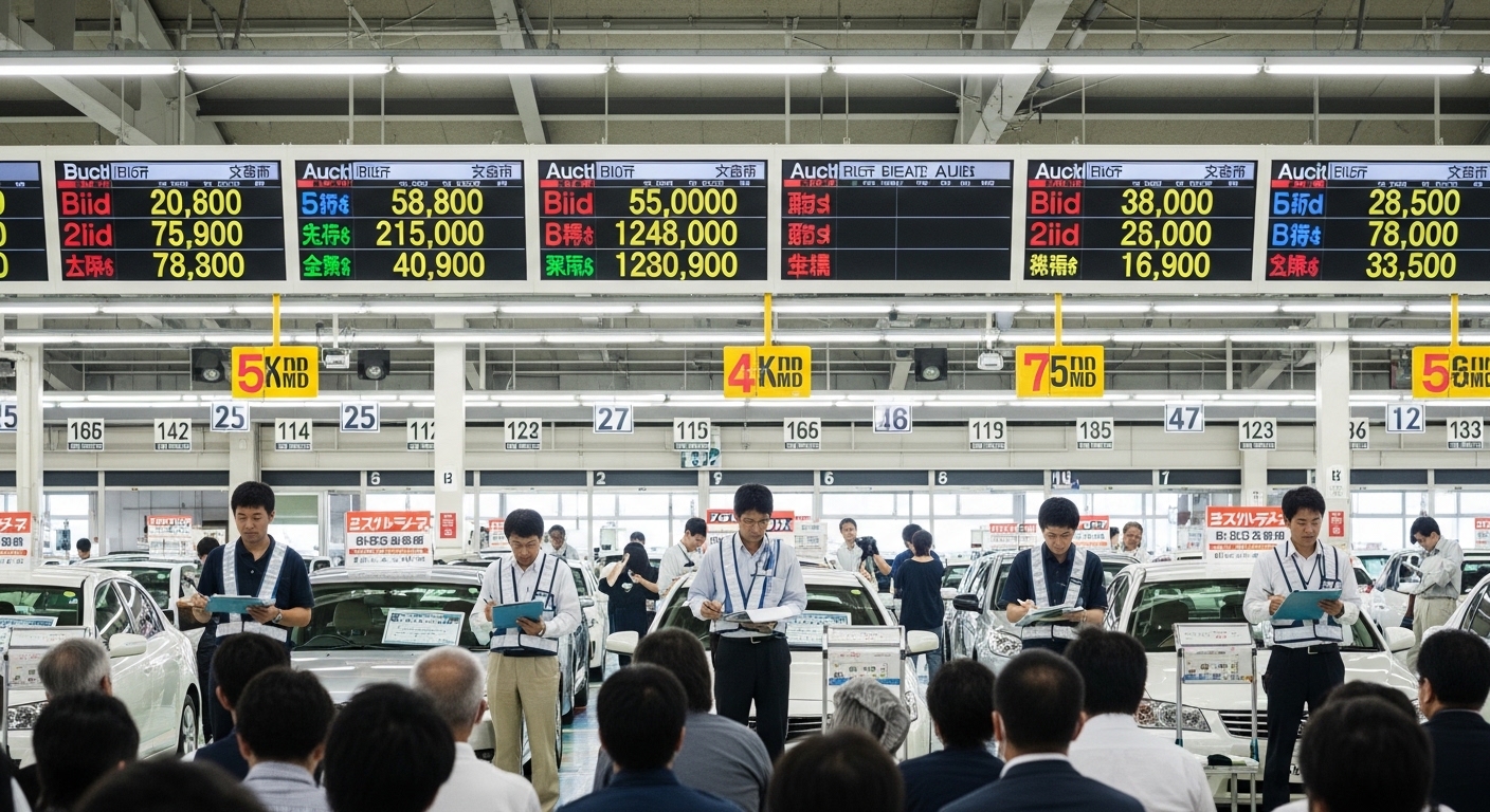 Interior of a busy Japanese car auction hall with numbered vehicle bays and overhead bid screens