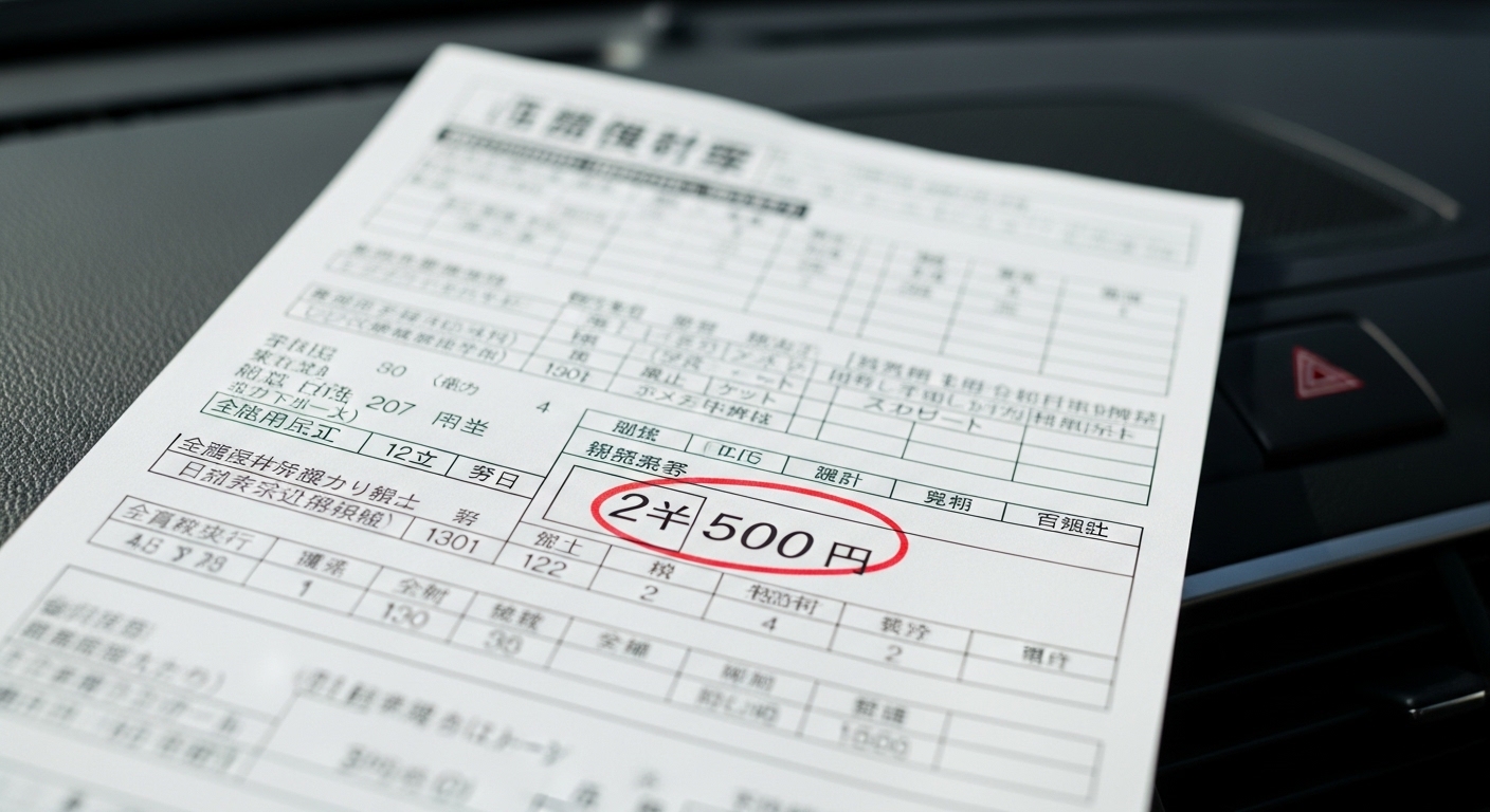 A Japanese auction inspection sheet with condition codes and a circled grade score on a car dashboard