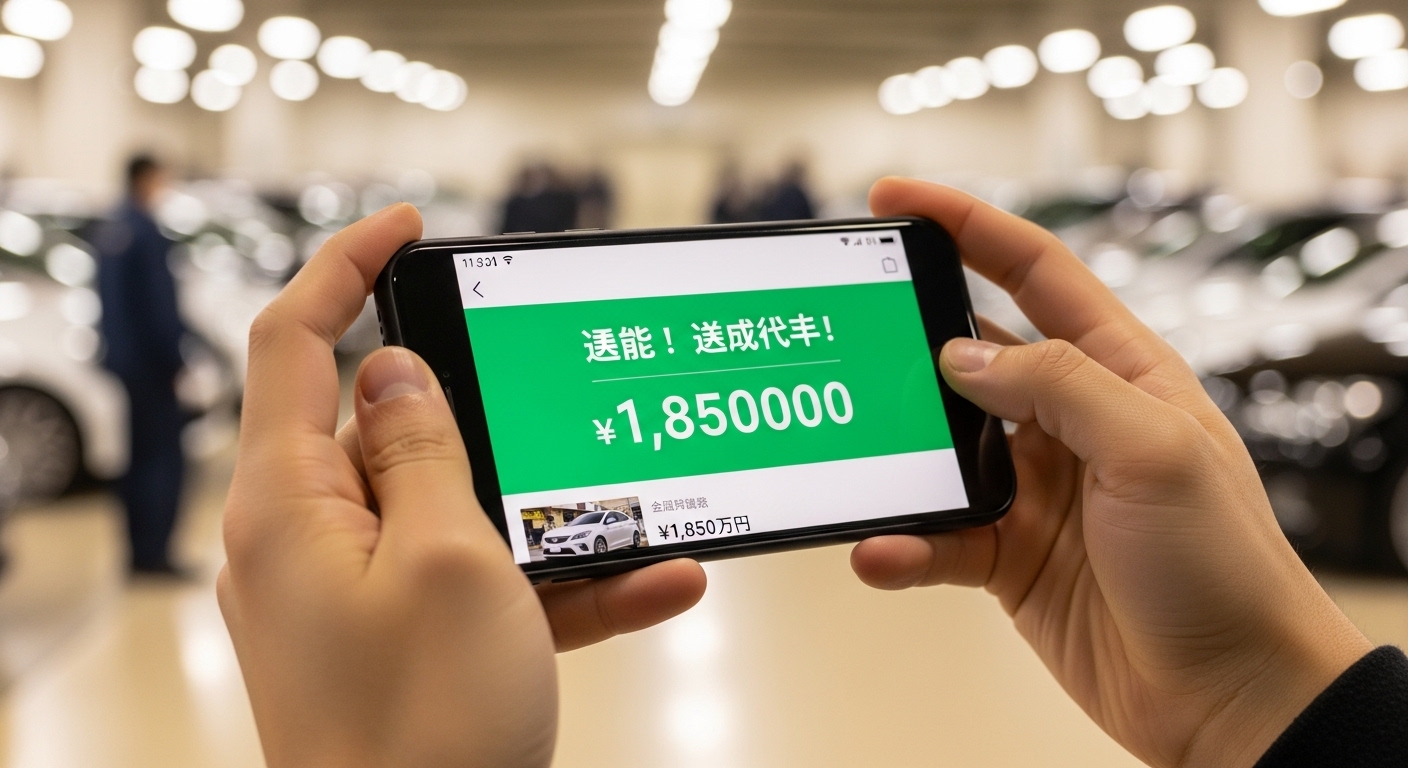 Hands holding a smartphone displaying a winning Japanese car auction bid notification in yen