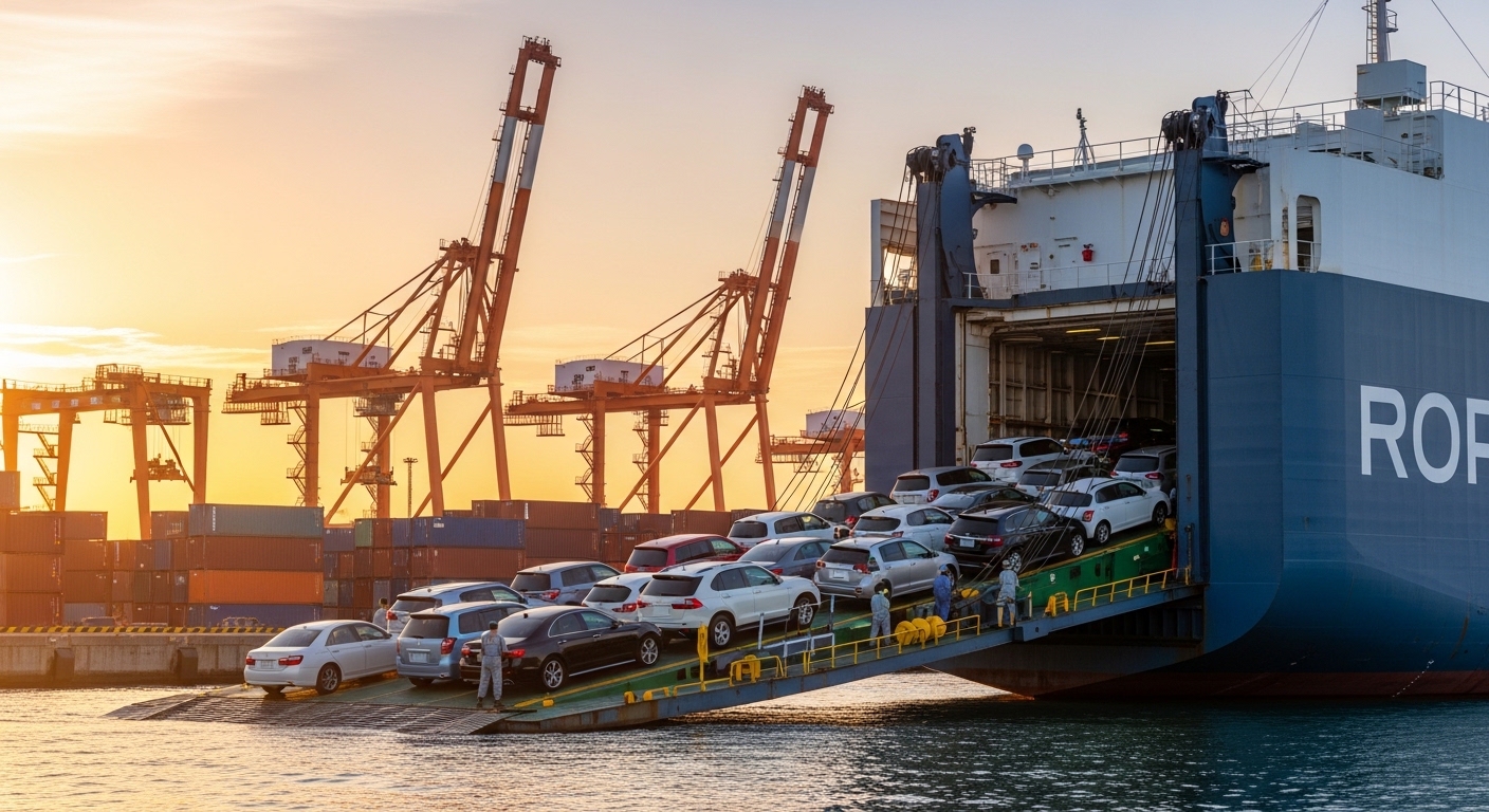 Japanese cars being driven up the ramp onto a roll-on roll-off car carrier ship at a port