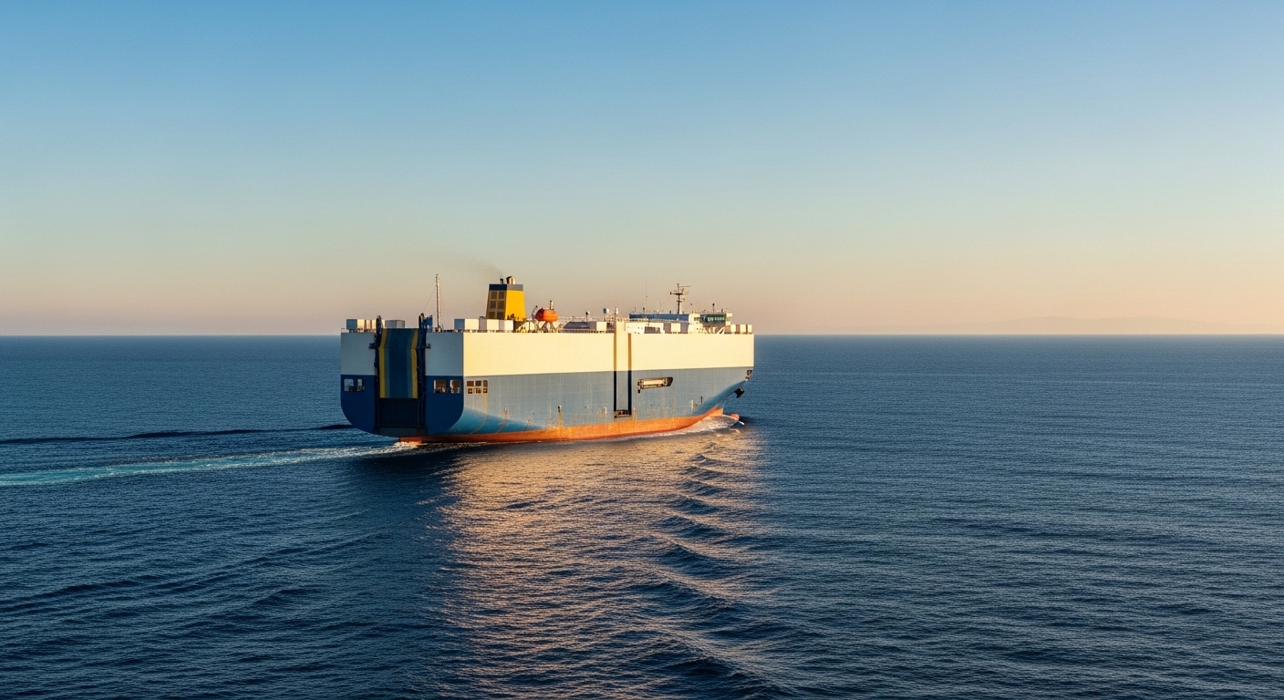 A large car carrier ship crossing the open Pacific Ocean under a clear sky