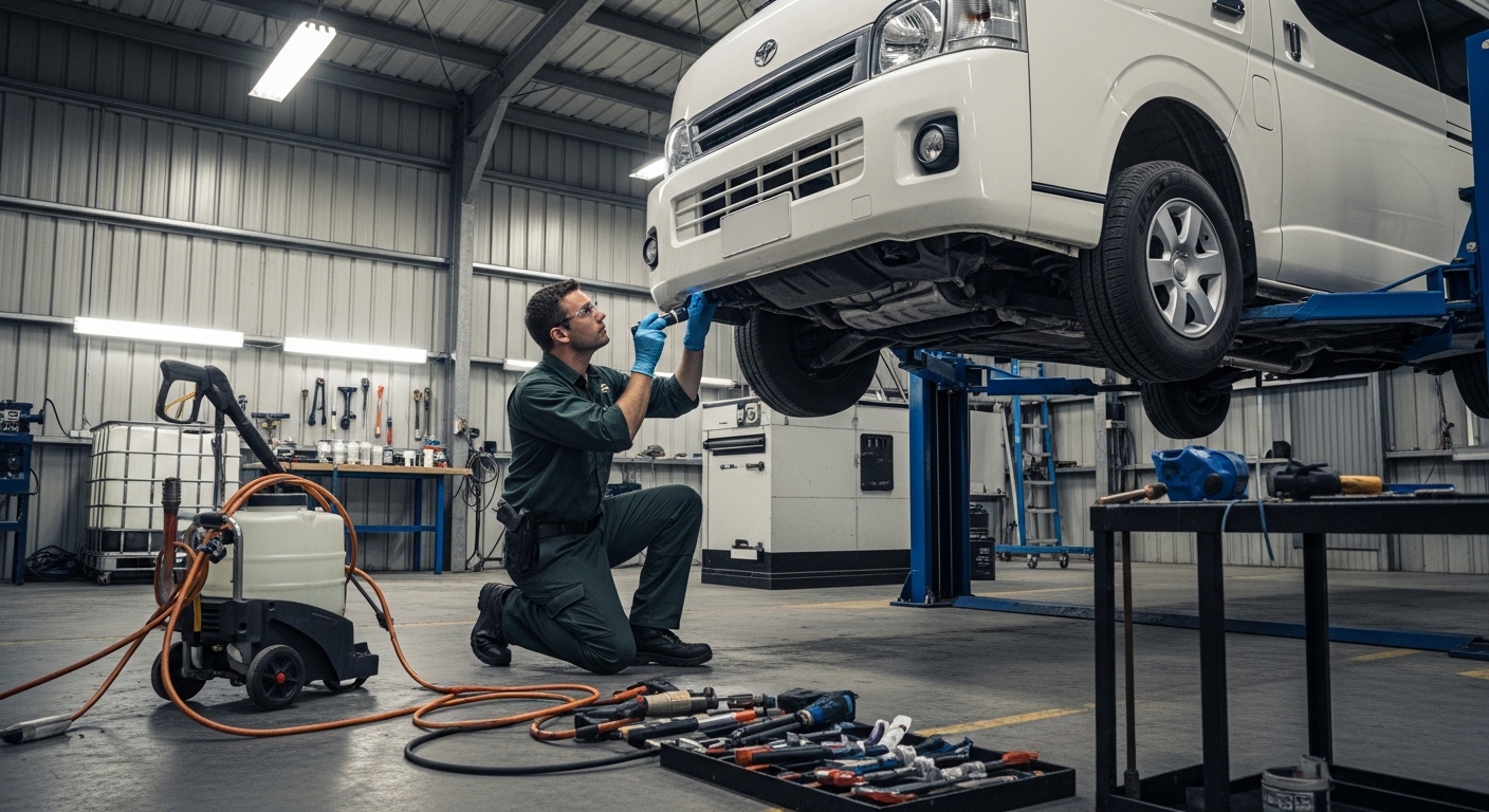 An Australian biosecurity officer inspecting the underside of an imported van in a quarantine shed