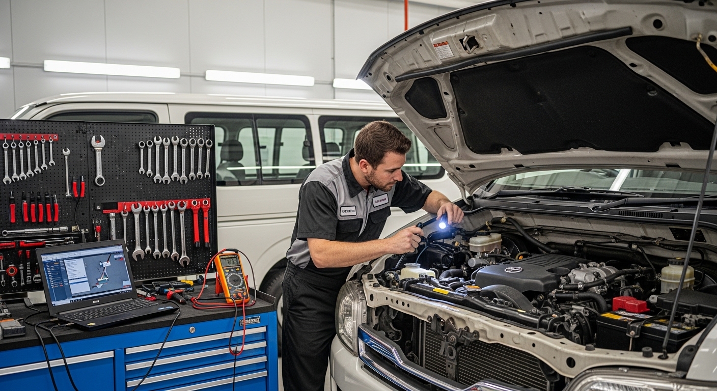 A mechanic inspecting the engine bay of an imported Japanese van inside a compliance workshop