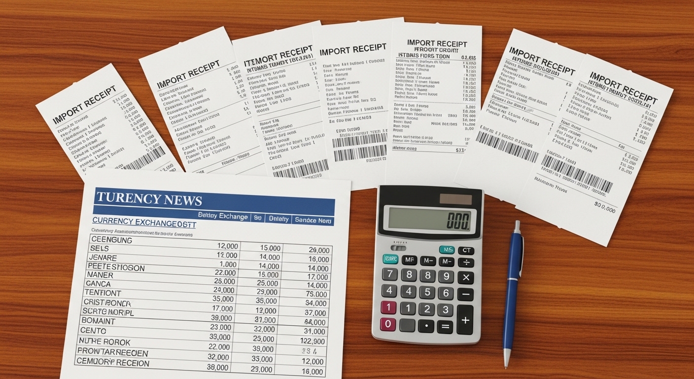 A top-down flat-lay of itemised vehicle import receipts, a calculator and an exchange-rate printout
