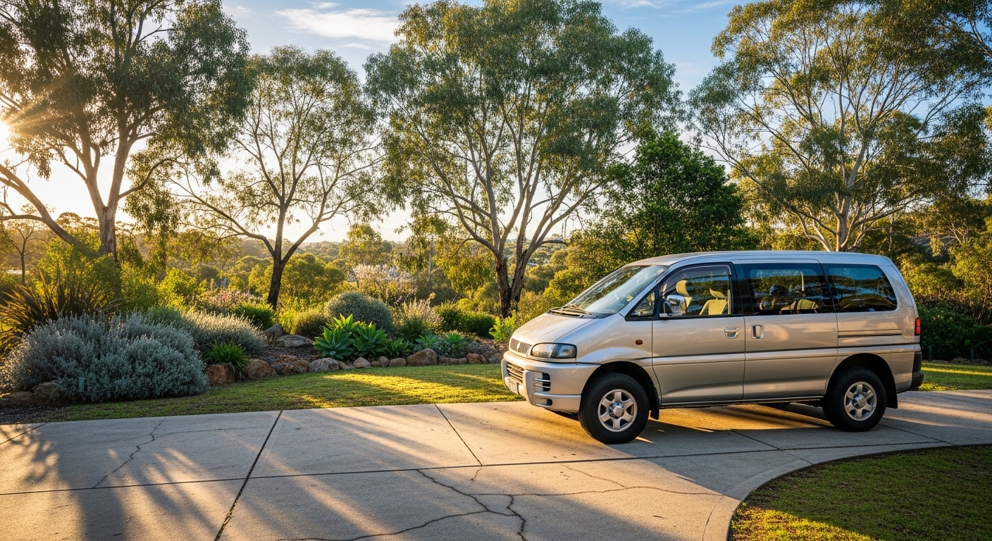 A silver Mitsubishi Delica Space Gear parked in a sunny Australian suburban driveway