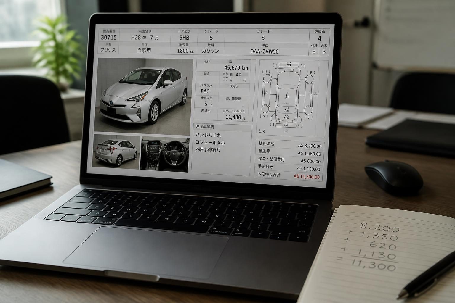 Laptop displaying a Japanese car auction sheet beside a notepad with handwritten calculations.