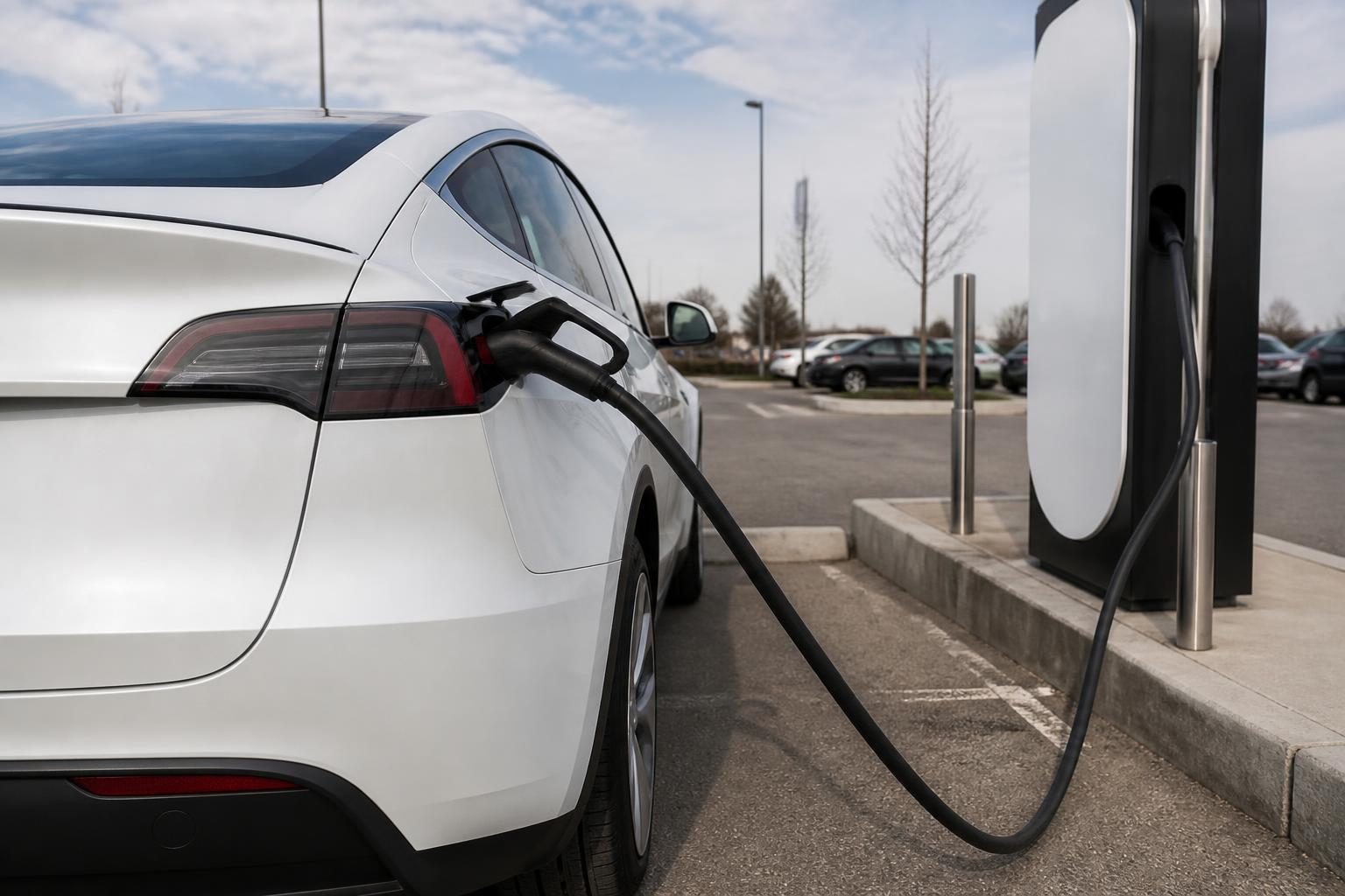 White electric car plugged into a charging station in a parking lot