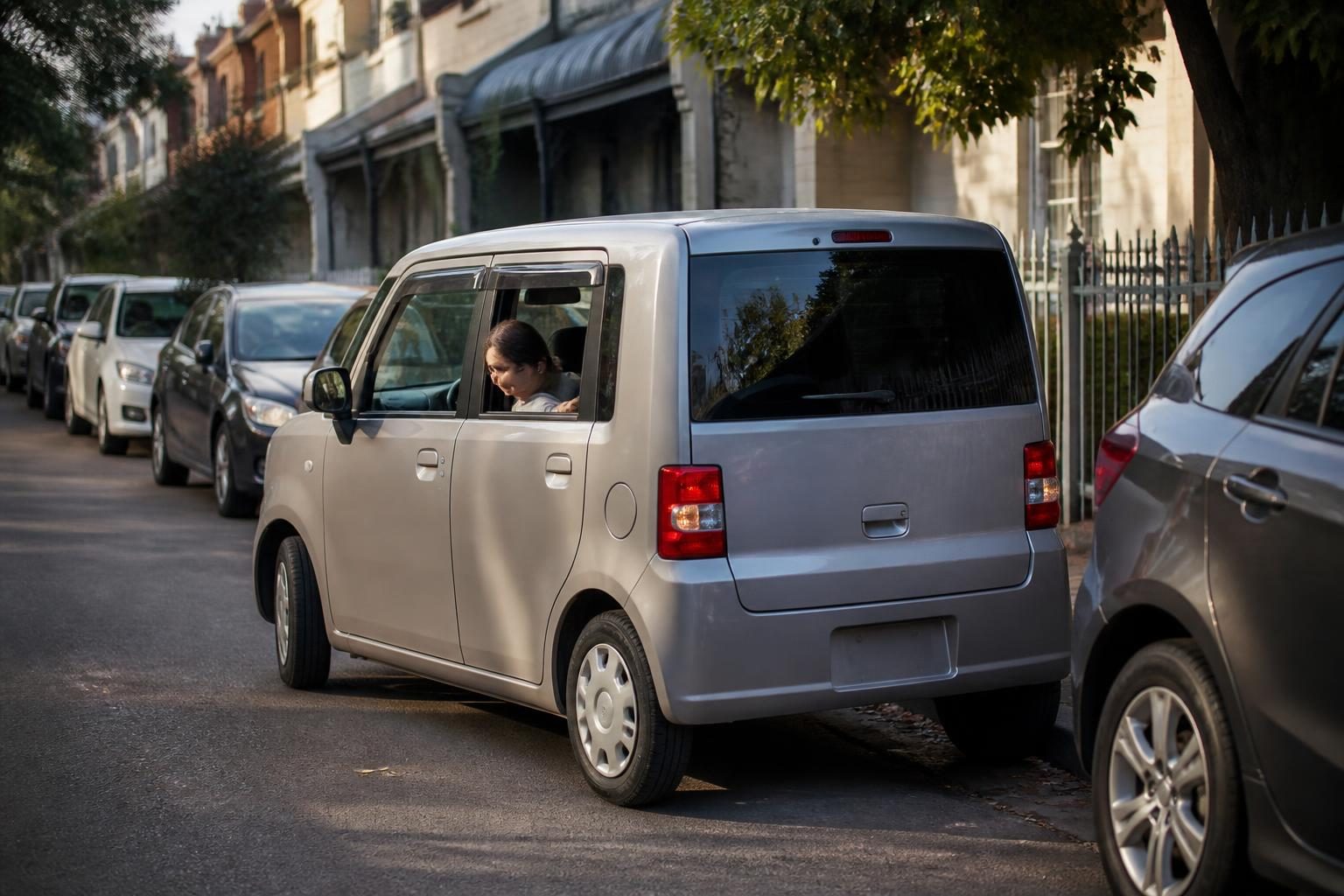 Small silver boxy car parked tightly between cars on a terrace-lined street, driver looking over shoulder.