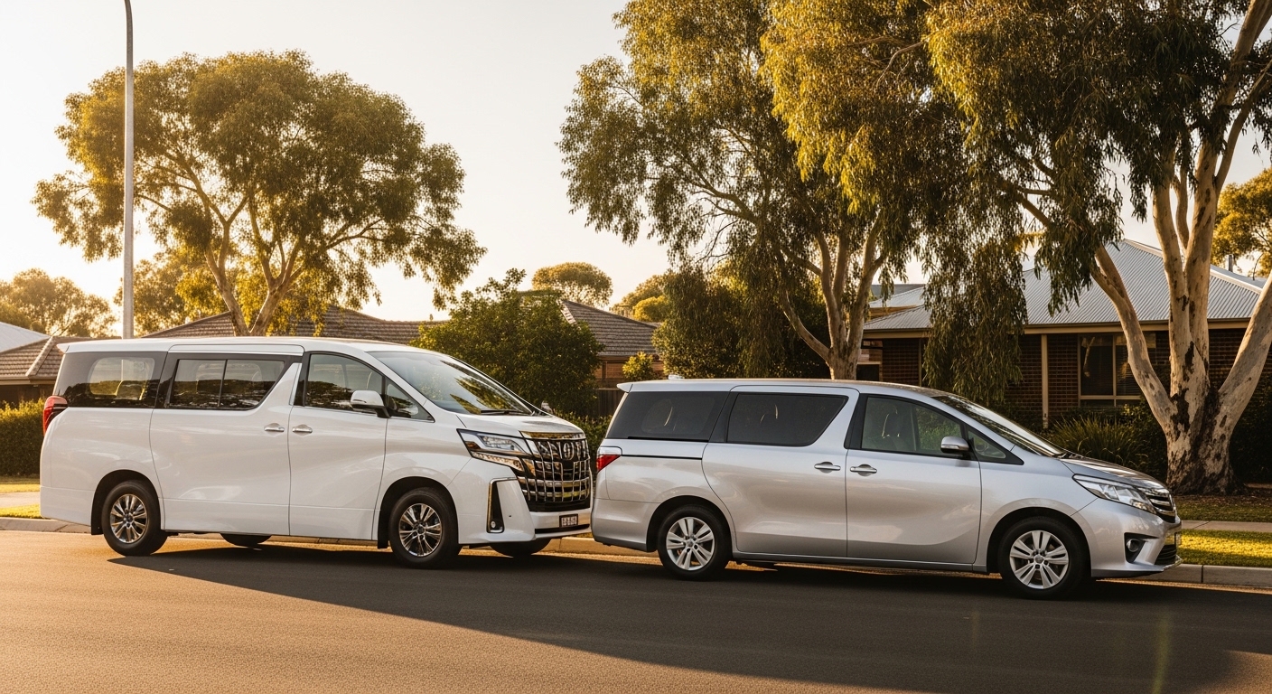 A tall boxy Japanese people mover parked beside a lower, more car-like people mover on an Australian suburban street