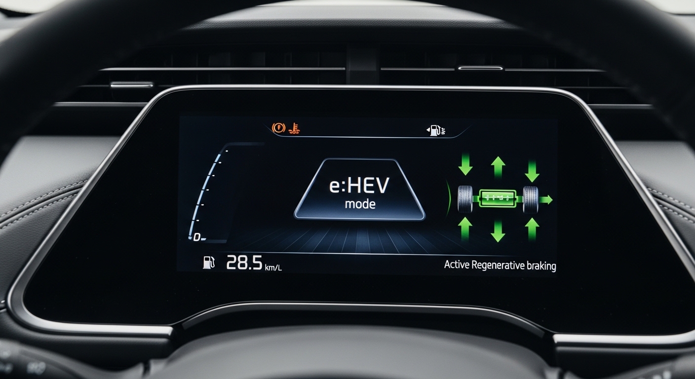 A hybrid people mover dashboard showing the e:HEV energy flow and a fuel efficiency readout in kilometres per litre