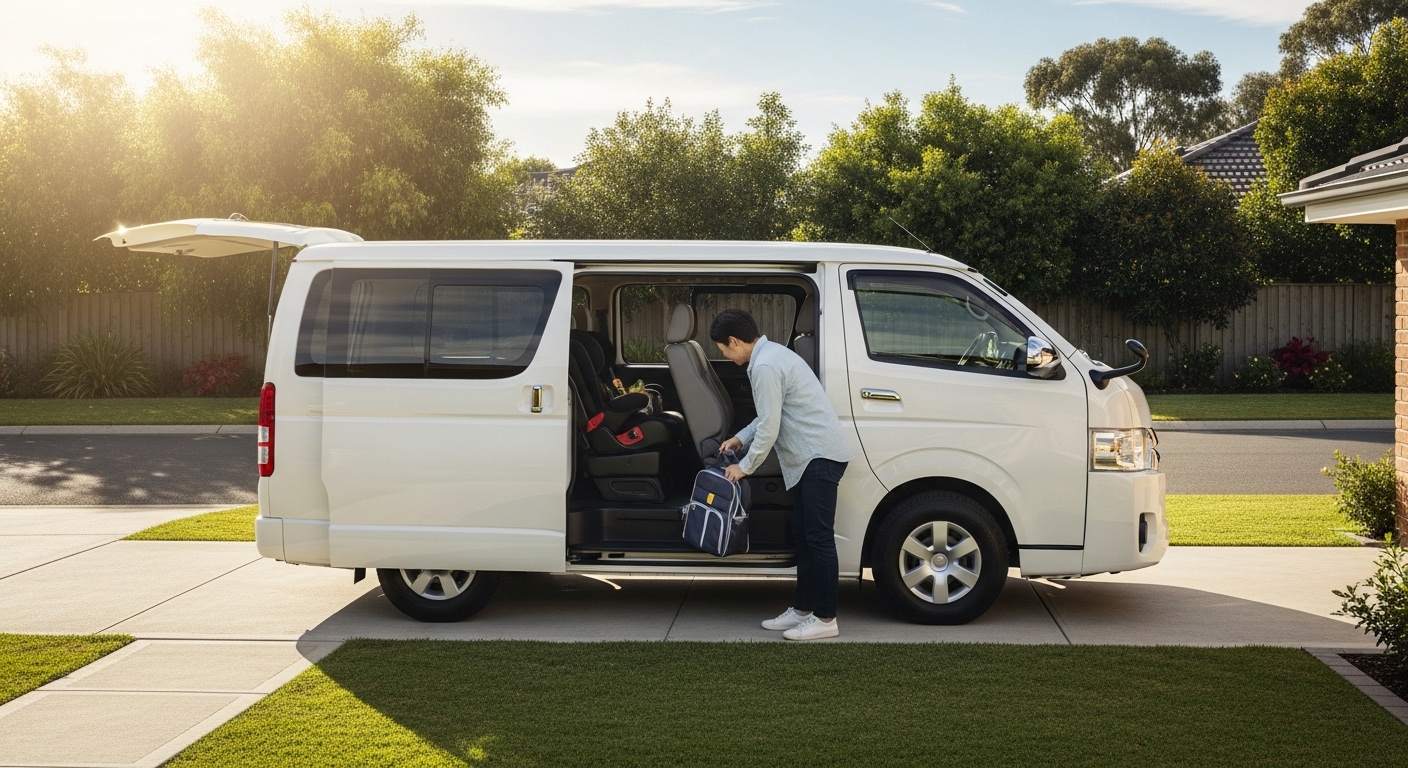 A white Japanese people mover with its sliding door open in a suburban driveway while a bag is loaded near a child seat